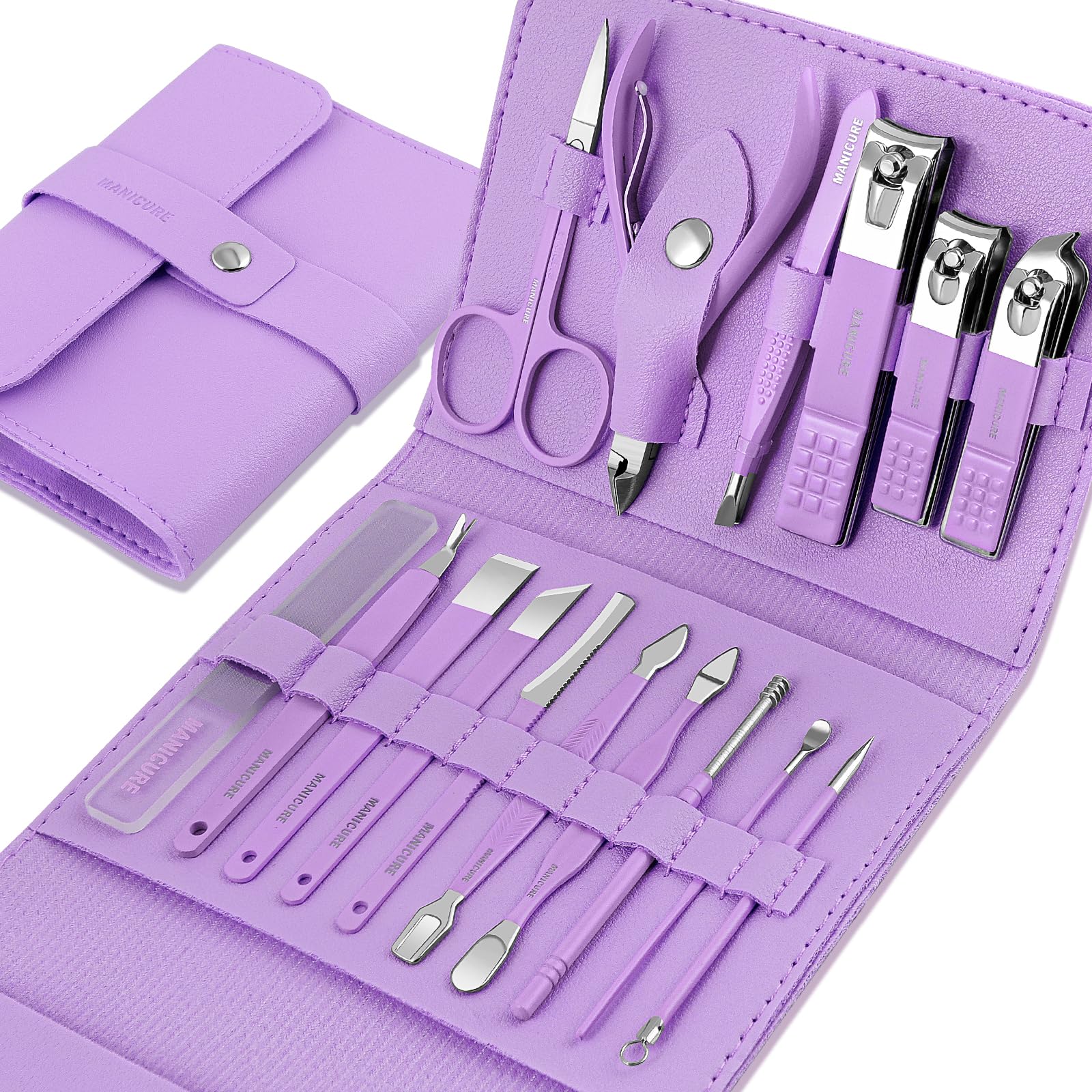 Tagliaunghie Set Professionale - Grooming Kit Strumenti per Manicure e Pedicure 16pcs con Lussuosa Custodia da Viaggio in Pelle (Viola)