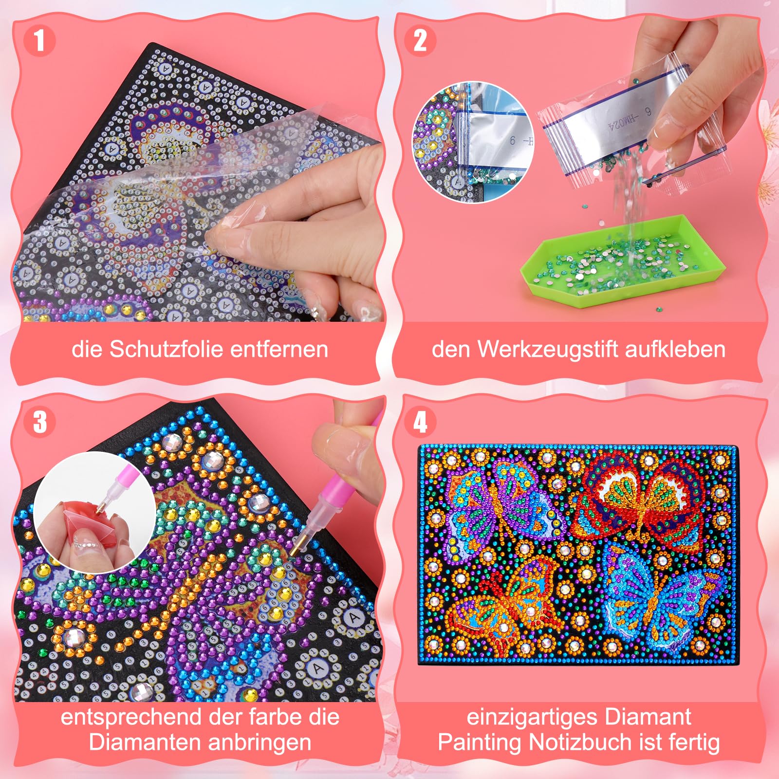 Homgaty Diamond Painting Per Bambine 6-12 Anni - Kit Fai Da Te 4 Pezzi Suncatcher Con Farfalla, Sole, Uccello E Gufo, Acchiappasole 5D