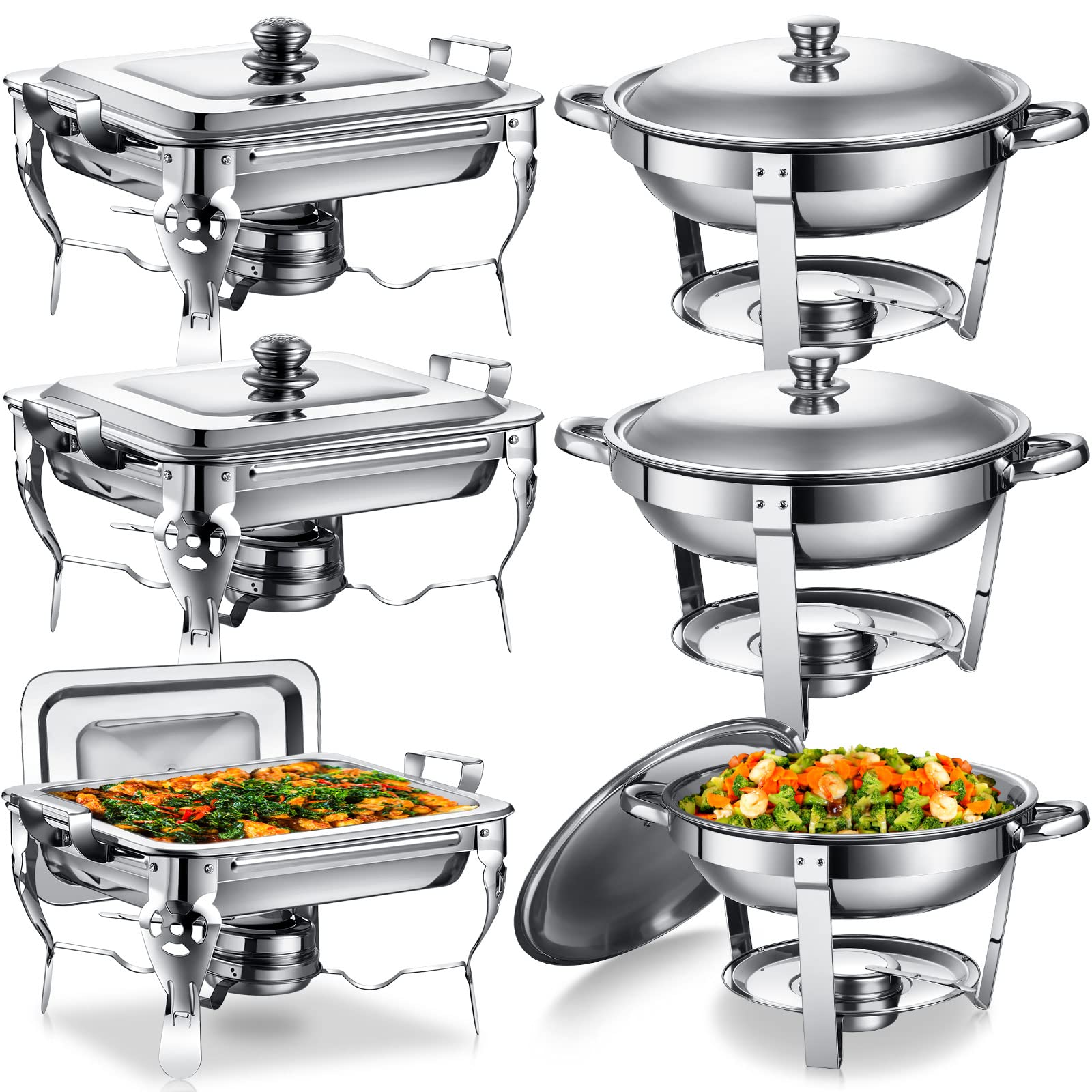 Photo 1 of **USED, DAMAGED**
Riakrum Round and Rectangular Stainless Steel Chafing Dish Buffet Set with Trays, Pans, and Lids (6 Pcs, 5 Qt)