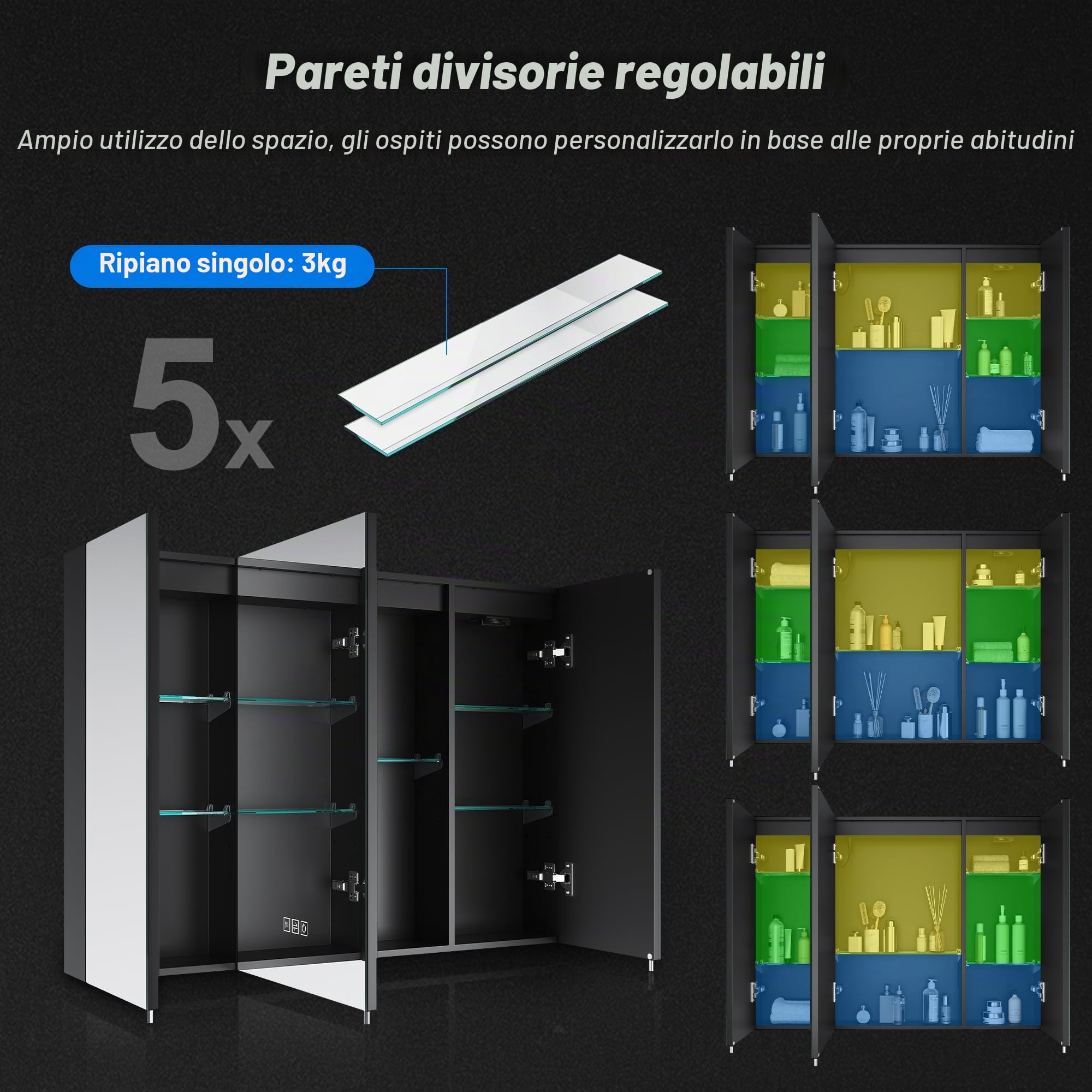 SONNI Armadietto a specchio da bagno con illuminazione e presa a 3 porte, con interruttore touch, 3 colori di luce regolabili, senza appannamento, per il bagno, 90 x 65 cm, nero opaco