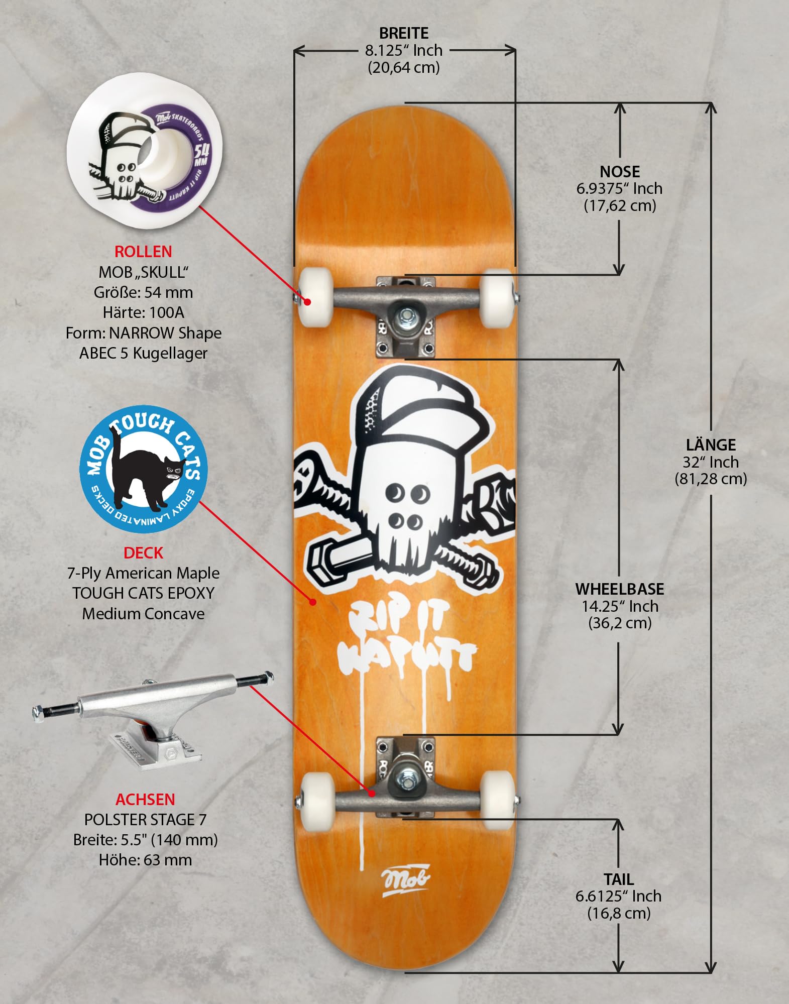 Mob Skateboard Skull 8.125 Complete – Tavola completa 32 x 8.125 pollici – Tavola in legno d'acero – Già montata – Skateboard per principianti e professionale per adolescenti, adulti – Rip It kaputt –