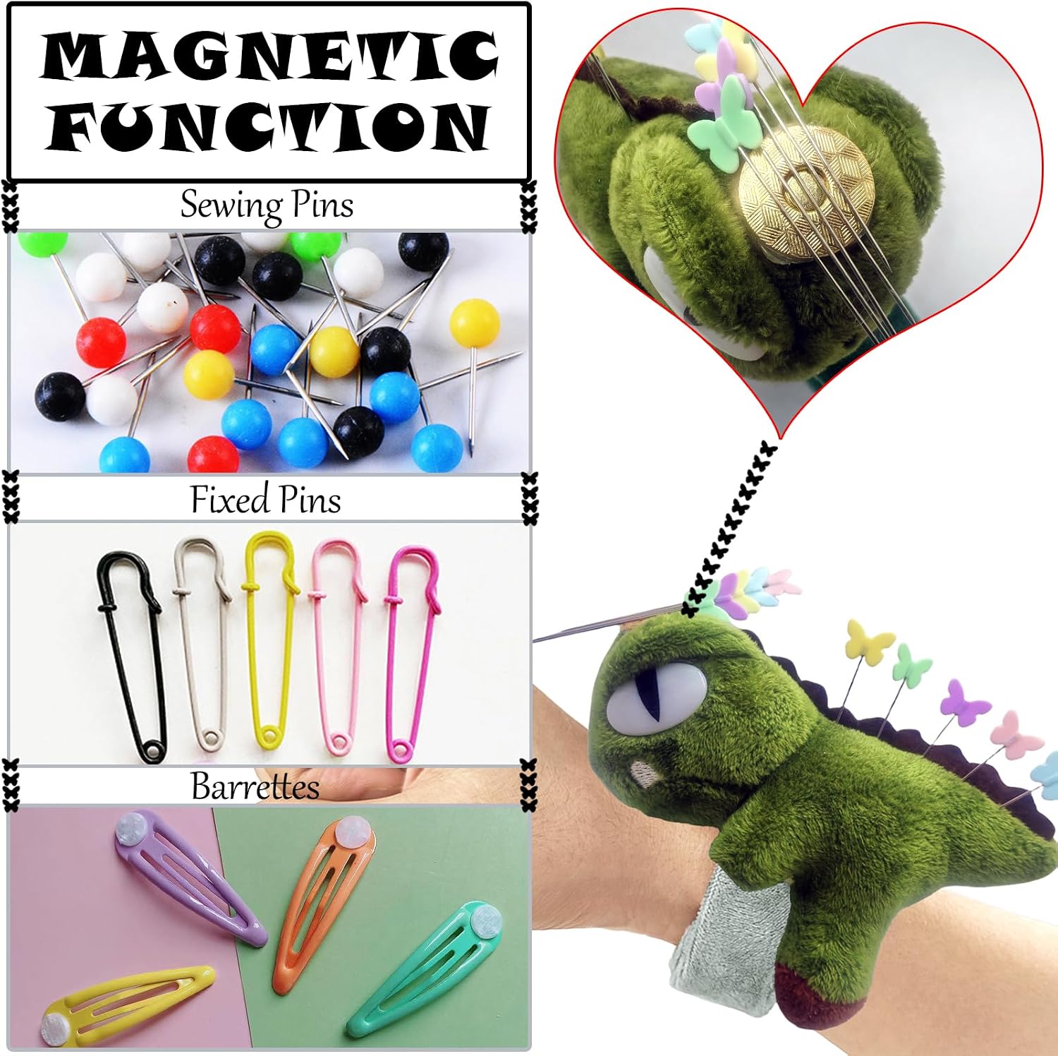 Cute Dinosaurs Wrist Pin Cushion for Sewing with Magnetic, Snap Bracelet Wrist Bands for Pins and Needles Include 50 Lovely Butterfly Straight Pins. image 2