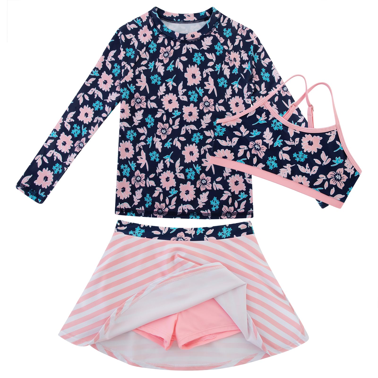 Girls Swimsuit Long Sleeve Swim Shirt 3 Piece Rash Guard for Girls Bathing Suit with Boyshorts