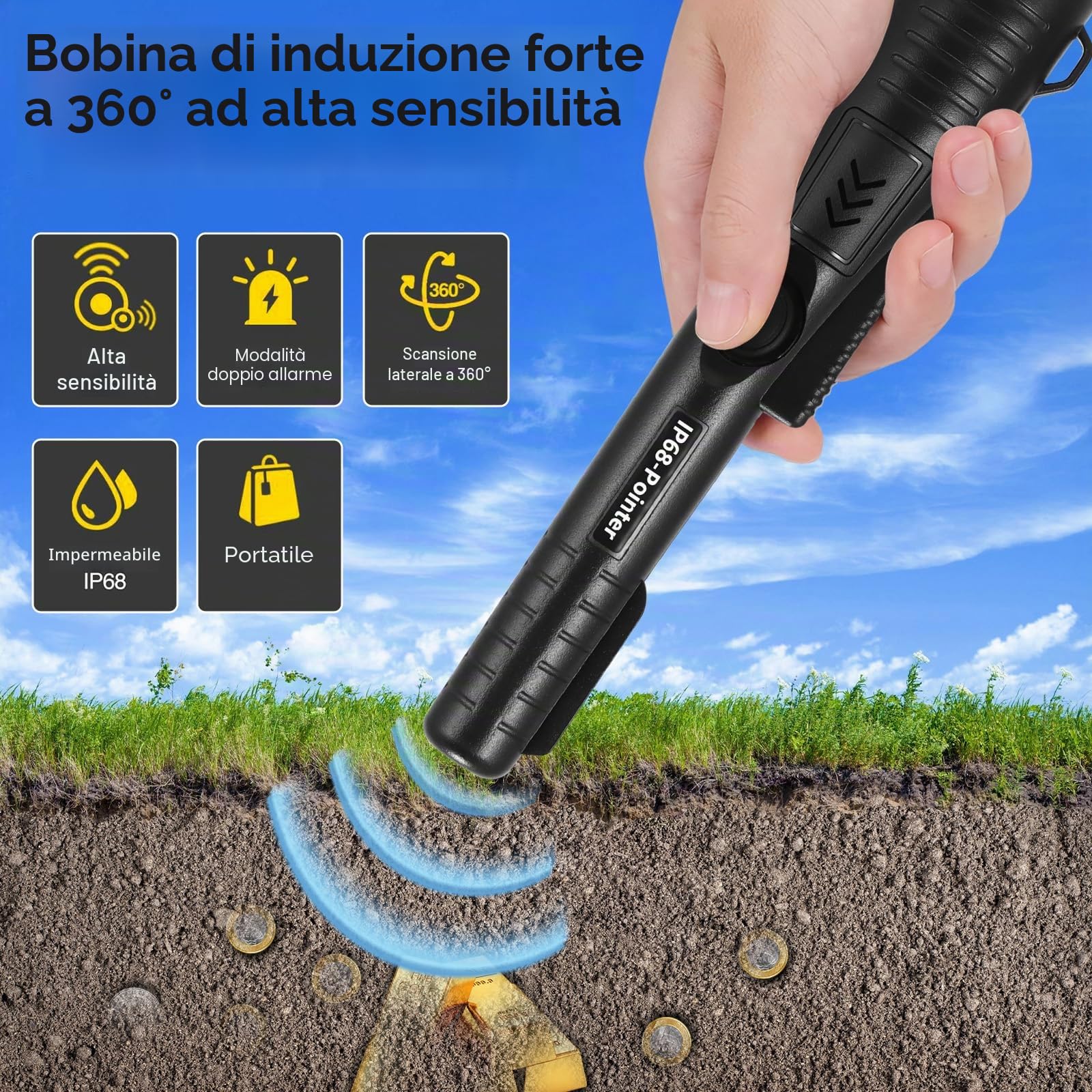 Pinpointer Metal Detector, Metal Detector Professionale Pinpointer a 360°,Metal Detector Portatile Puntatore Metal Impermeabile IP68, 3 Modalità,Metal Detector Portatile per Bambini e Adulti