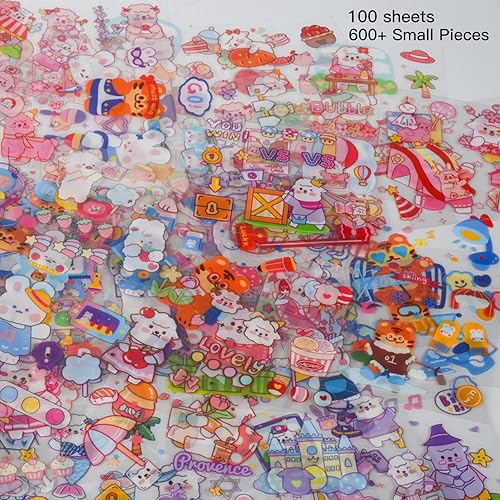 Miniatura 2 de Conjunto de calcomanías lindas de animales (100 hojas) - Kawaii transparentes de PET de dibujos animados decorativos para álbum de recortes, diario,
