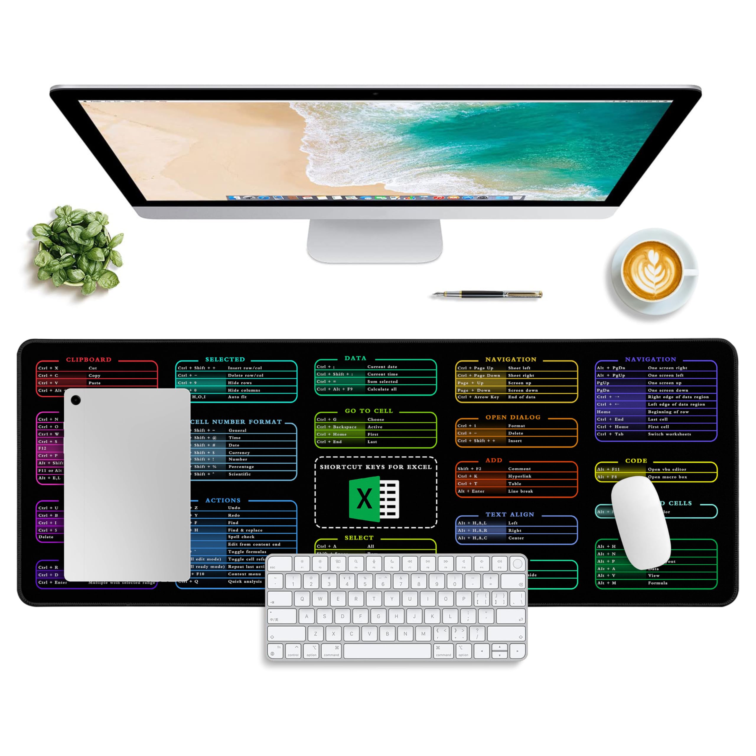 Excel Shortcut Keys Mouse Pad,Desk Mat,Common Software Shortcut Keys Gaming Mouse Pad,Keyboard Mat Office Desk Decor Accessories