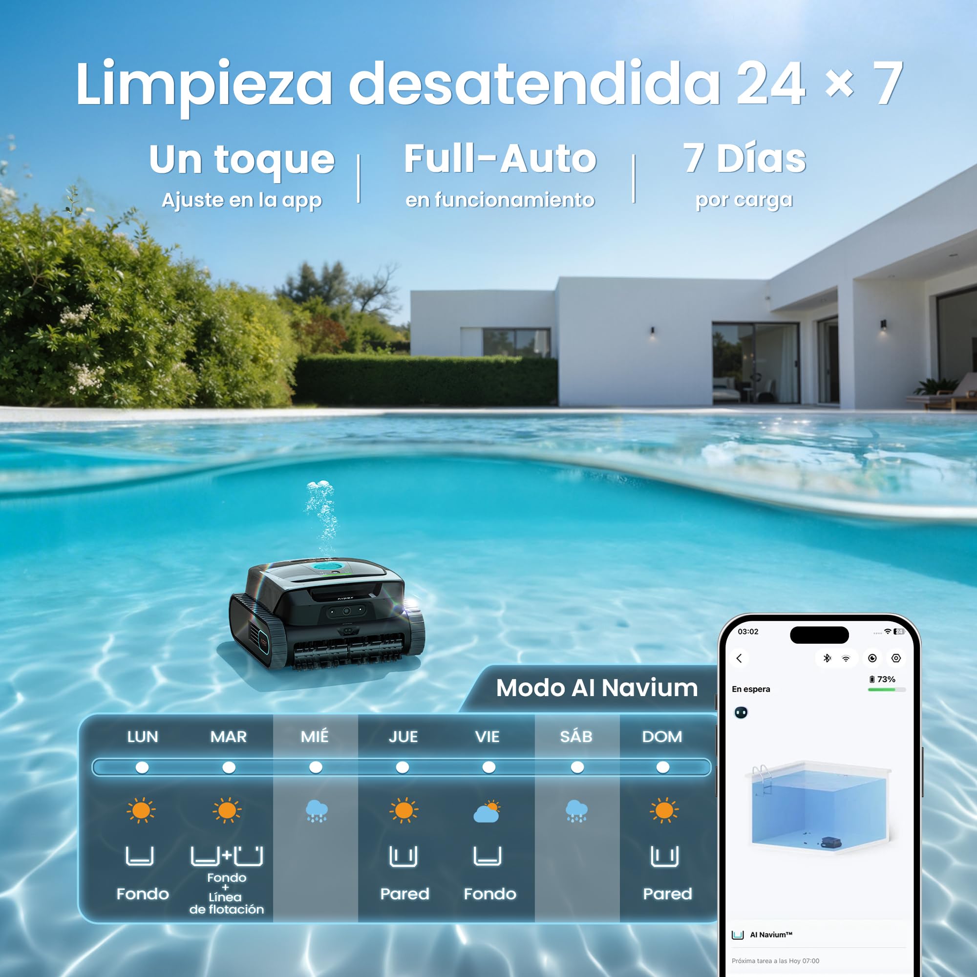 Aiper Scuba V3 Limpiafondos Inteligente para Piscina, Limpieza Automática de Fondo y Paredes con Navegación IA y Control por App, Filtro de 3 μm, Ideal para Piscinas Grandes de hasta 200 m²
