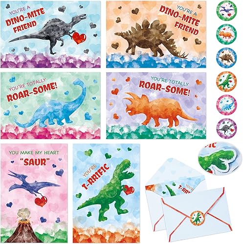 Tarjetas de San Valentín de dinosaurio para el aula de niños 24 juegos de tarjetas de San Valentín con sobres y calcomanías marcadores de dinosaurio