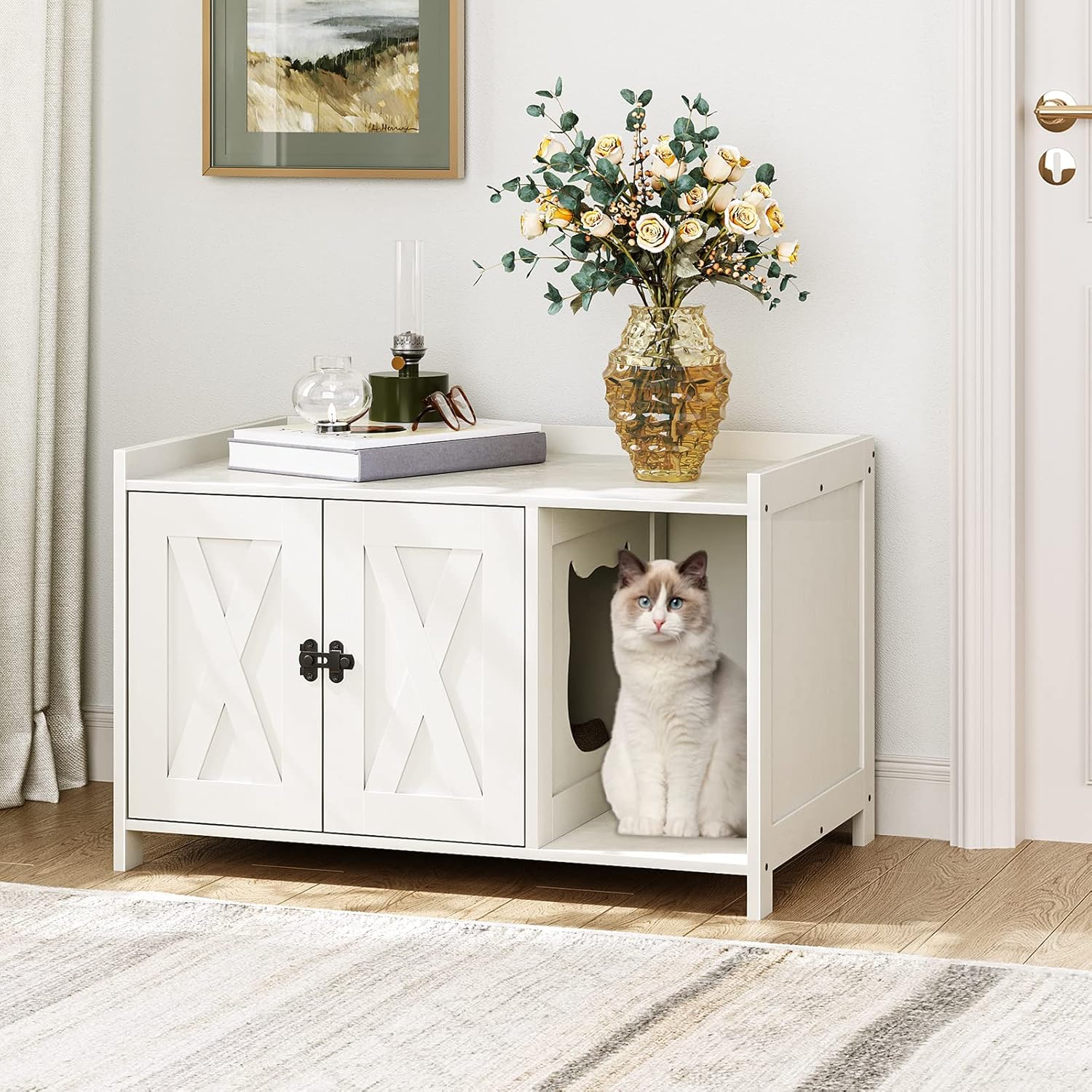 MAHANCRIS Cat Litter Box Enclosure, Hidden Litter Box Furniture with Divider, Indoor Cat House, Wooden Cat Washroom Storage Cabinet Bench, Side End Table Nightstand, White CWWT2501