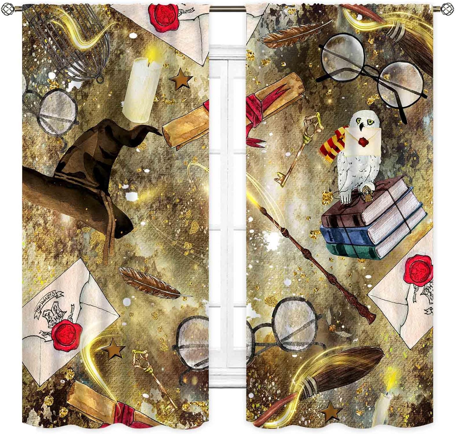 Witch Magical Curtains, Kids Boys Girls Magic Witchy Mysterious Gothic Spooky Horror Book Hat Owl Gold Blackout Window Drapery Treatments for Bedroom Living Room Kitchen Bathroom, 63"x72" Inch
