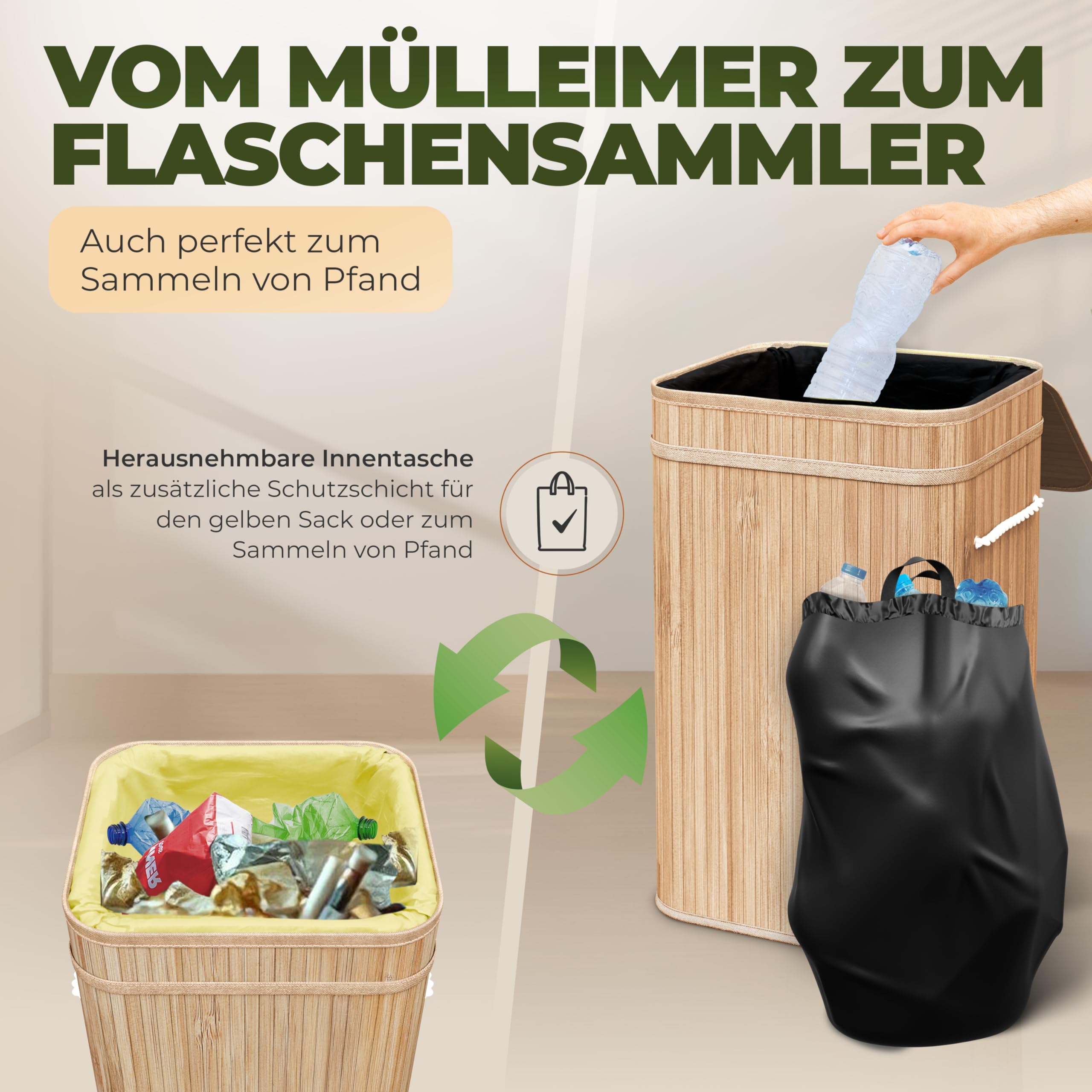COTTARA® gelber Sack Ständer Mülleimer mit Deckel Müllsackständer für Gelbe Säcke aus Bambus inkl. waschbare Innentasche, 60-120L Müllsystem Behälter für Recycling doppelt verstärkter Halt