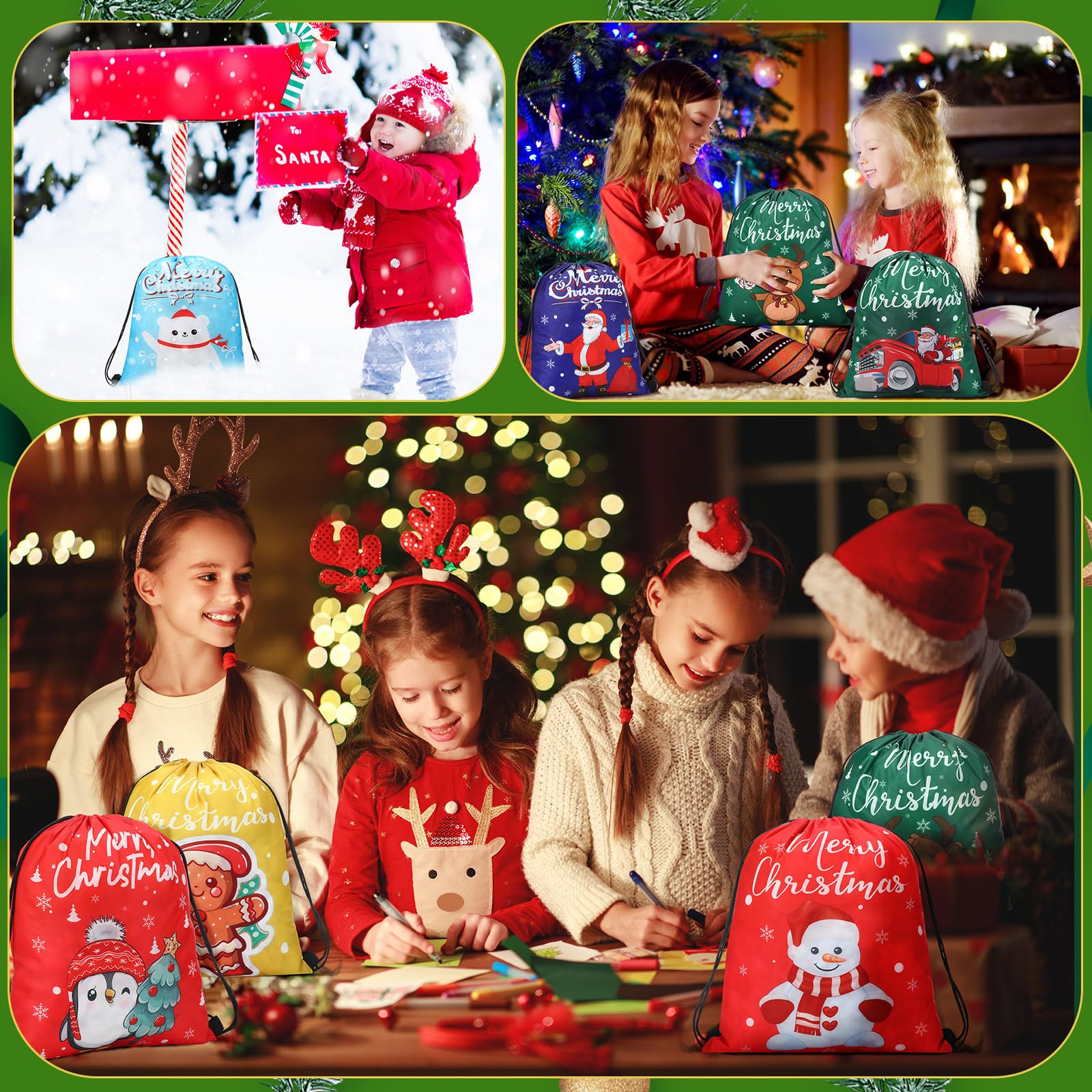 Abbylike 48 bolsas de regalo de Navidad con cordón, bolsas de regalo a granel de 13 x 15.7 pulgadas, Navidad, Papá Noel, muñeco de nieve, árbol de invierno, bolsas de regalo para niños, vacaciones