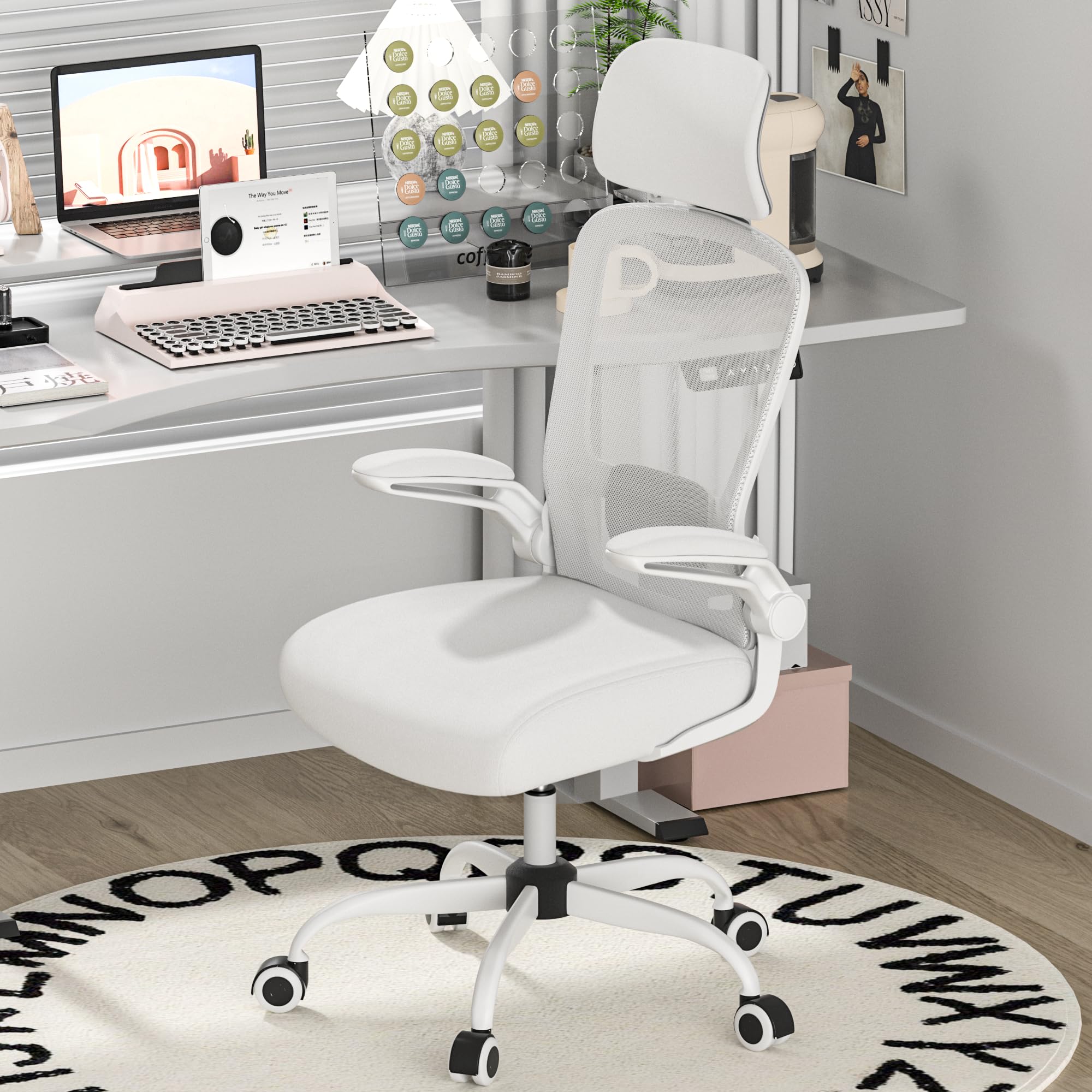 Mimoglad Office Chair, Comfy Desk Chair - High Back Ergonomic Computer Chair with Adjustable Lumbar Support & Headrest, Flip-up Armrests for Guitar Playing, Swivel Task Chair for Home Office