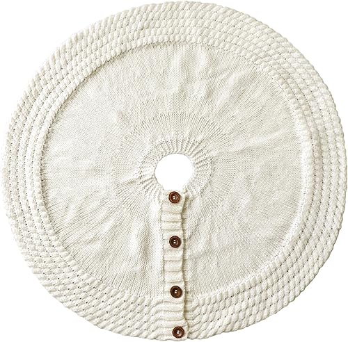 Miniatura 3 de LimBridge Faldón de árbol de Navidad de punto 36 pulgadas color crema 5-círculo borde de ganchillo grueso falda de árbol con botones redondos de