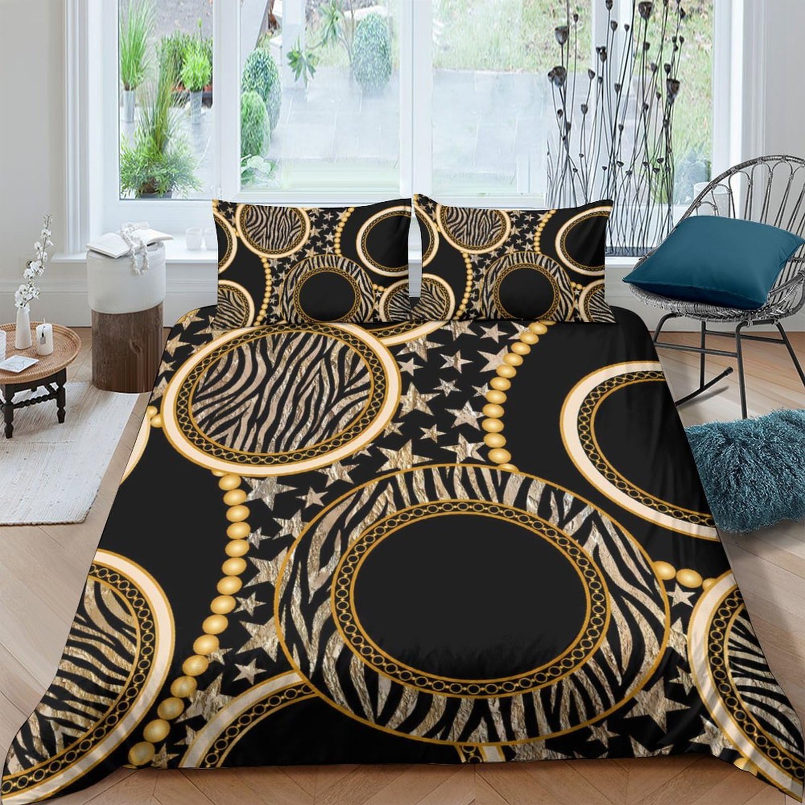 GPLZQXKJNH 3D Printed Geometric Gold Circle Duvet Cover Microfiber Soft Zebra Pattern Bedding Set with 2 Pillowcases for Home Bedroom Single（135x200cm）