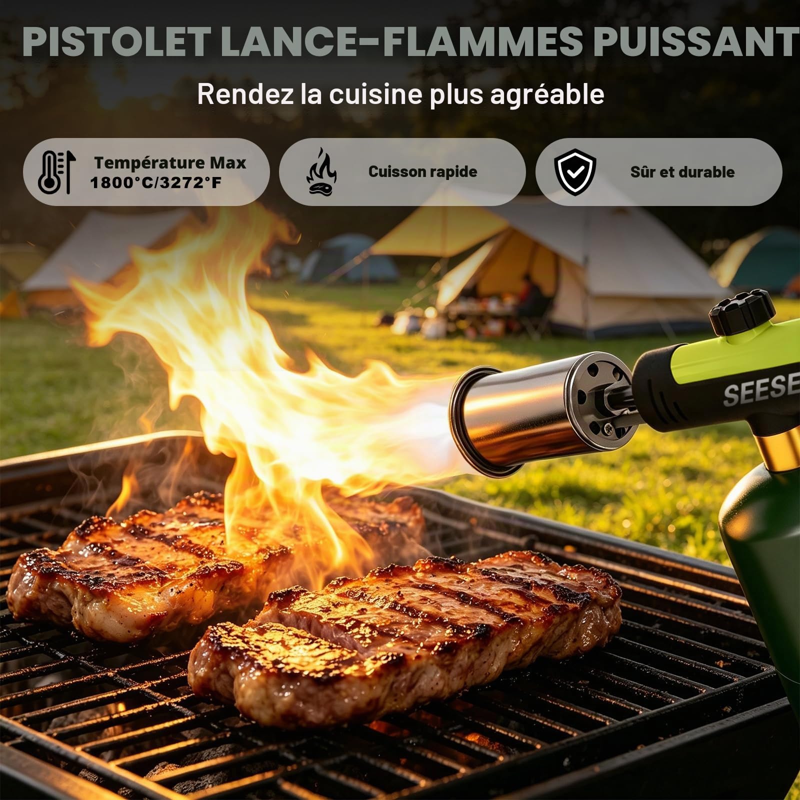 SEESE Torche puissante au propane, torche de cuisine avec feu maxi à une touche, allume-charbon avec verrou de sécurité, torche réglable pour sous vide, barbecue, feu de camp, cheminée (réservoir non