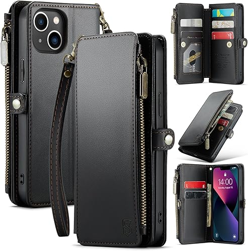 Funda tipo cartera compatible con iPhone 13 con tarjetero, bloqueo RFID, cremallera, para iPhone 13, cartera y muñequera, de piel sintética,