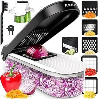 Coupe Legumes Multifonctions et Mandoline Professionnelle Cuisine - Trancheur de Légumes - Decoupe Legumes Cube Oignon Carotte Concombre Tomates - Rapeuse Legume et Fromage (Compact 6-en-1 Blanc)