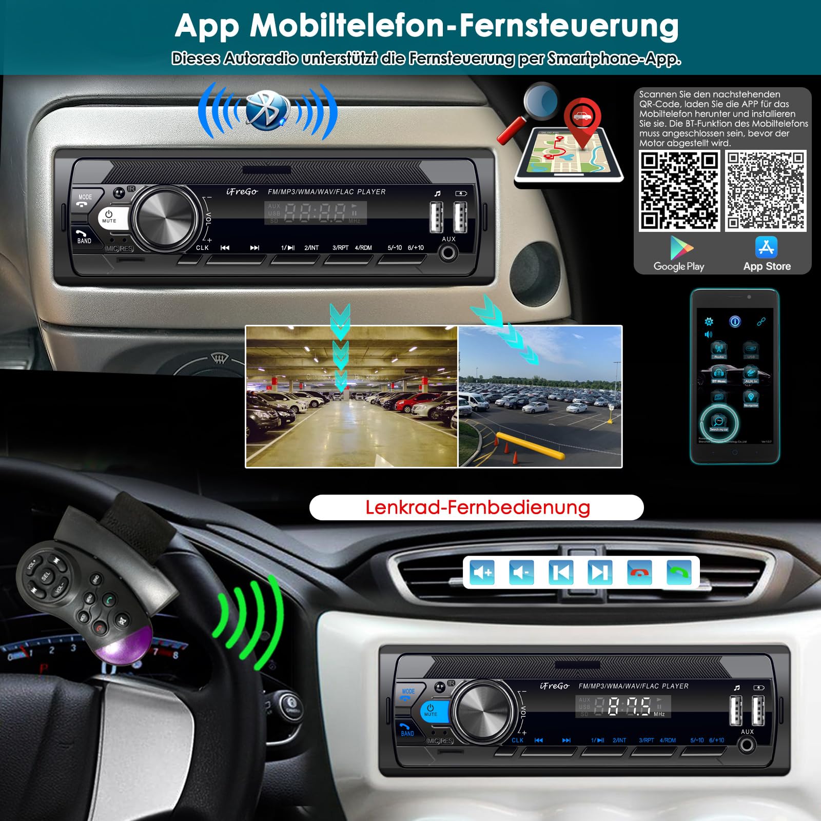 Autoradio Bluetooth 5.0, 7 Farben Auto Radio Bluetooth Freisprecheinrichtung, Autoradio 1Din mit 2 USB/TF/MP3 Player/AUX, FM Radio mit Schnellladefunktion,4x65W,Uhrzeitanzeige (Keine CD)