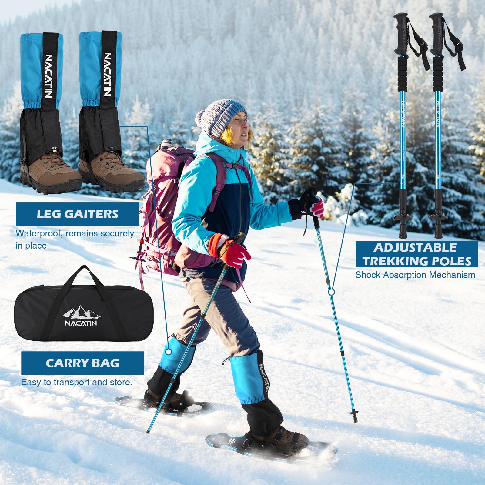 Kit di Racchette da Neve 4 in 1 per Uomini, Donne e Giovani, Racchette Leggere in Alluminio con Bastoncini da Trekking Regolabili, Ghette Impermeabili e Sacca per il Trasporto (53/63/76cm)