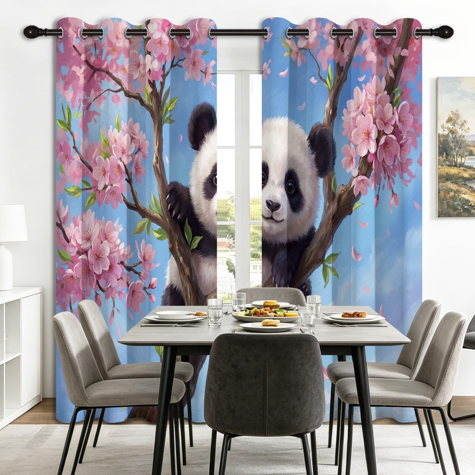 Śliczne kreskówkowe zasłony zaciemniające 117 l x 230 cm Zestaw 2 zasłon zaciemniających Panda, wiśnia, błękitne niebo, nieprzejrzysta zasłona z oczkami, do salonu i sypialni