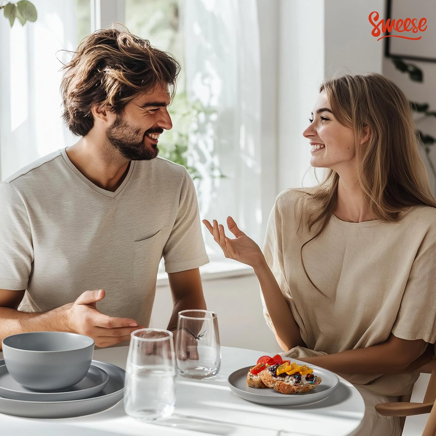 Sweese Dinnerware Sets,12 Pieces Porcelain Round Plates and Bowls Sets, Dishes Set for 4, Chip Scratch Dishwasher Microwave and Oven Safe Dishware Sets, Grey - Image 7