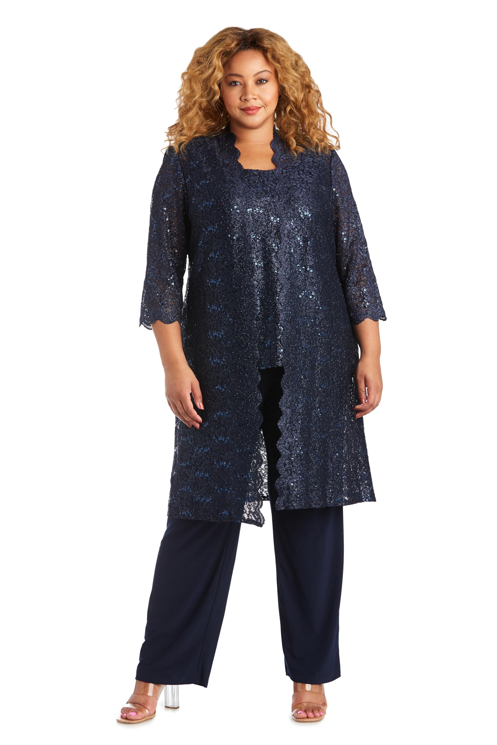 R&M Richards Damen Scallop Lace Duster Pant Set Business-Anzug Hosen-Set (3er Pack)