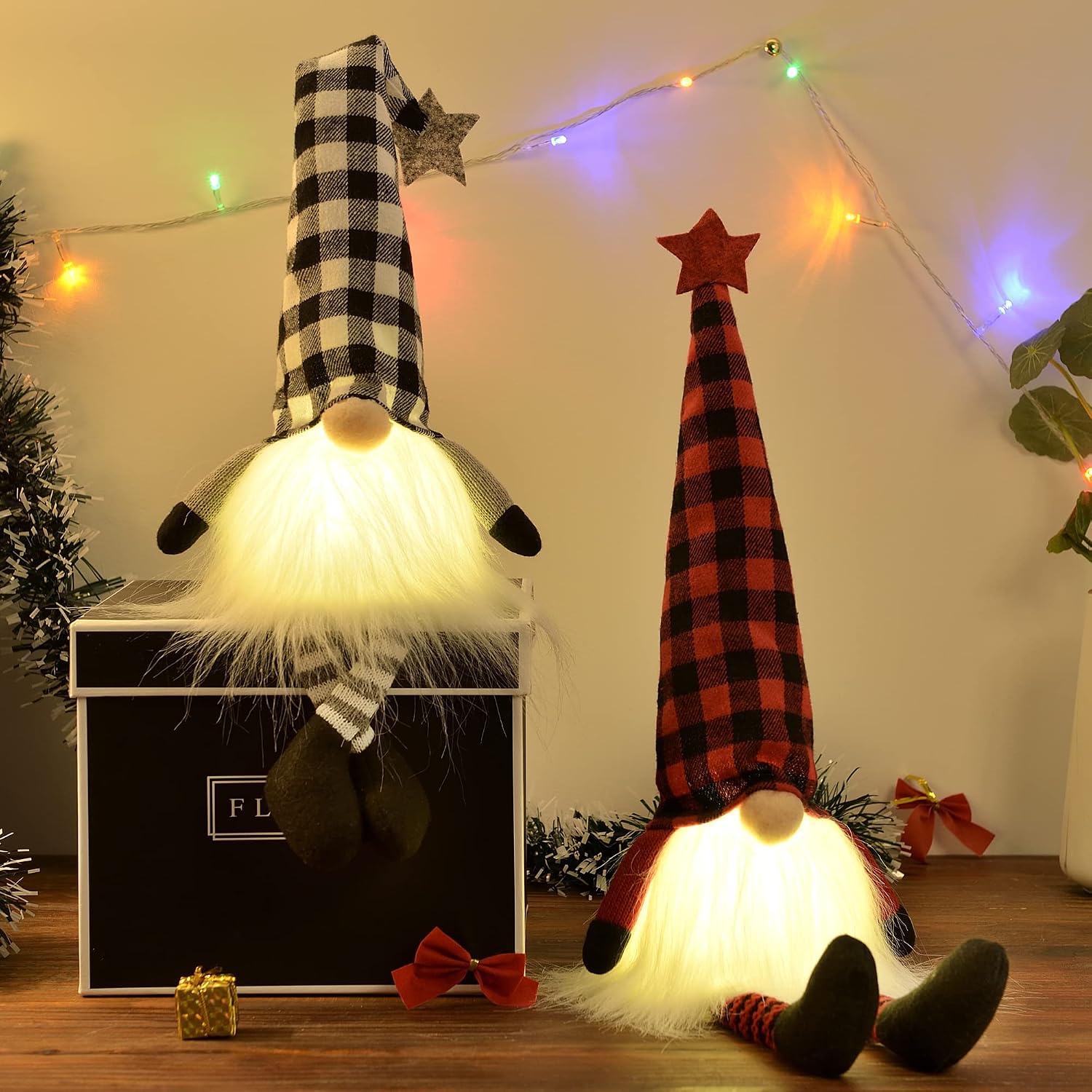 BEBEKULA Christmas Gnomes Light Up with Legs, 2 Pack 21.25 inch Handmade Swedish Santa Gnomes with Bendable Hat, Scandinavian Santa Elf Ornaments for Table Tree Home Christmas Decorations