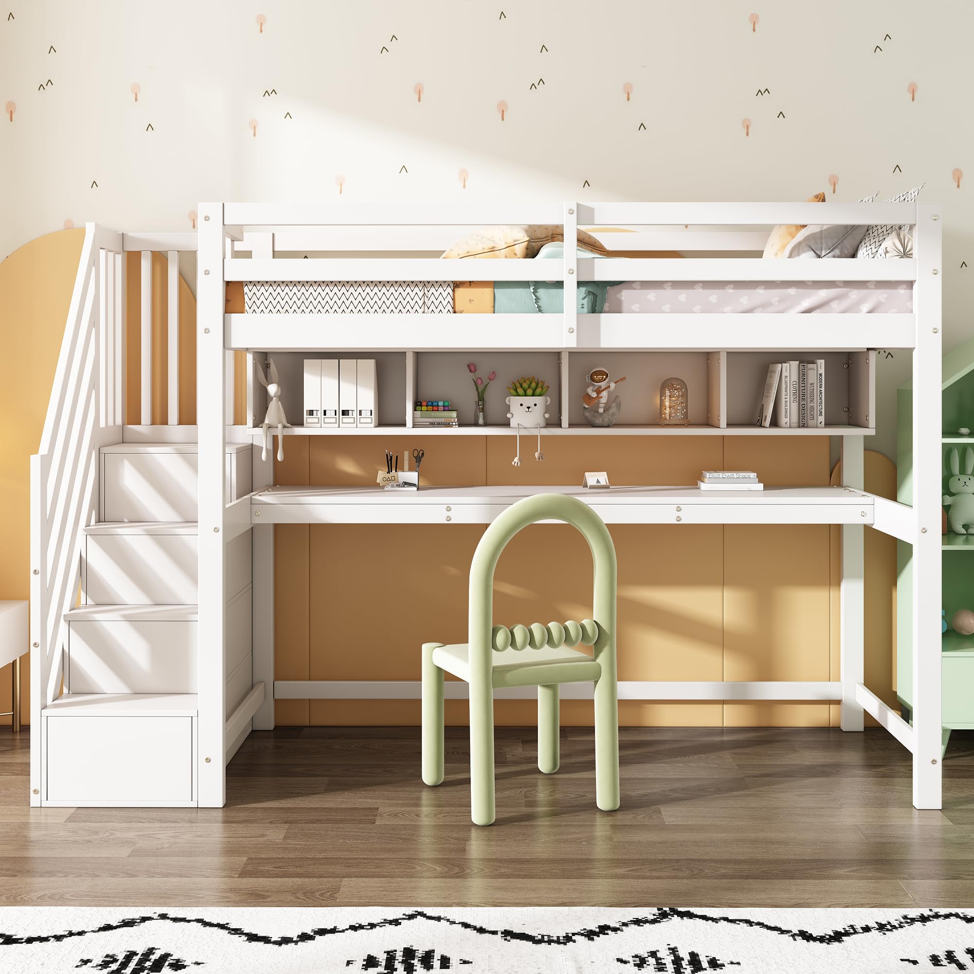 Hochbett Kinder 90x200 mit Schreibtisch, Kinderbett mit Stauraum-Treppe und Bücherregalen, Massivem Kiefernholz, Weiß,1 Kinder (B-Weiß)