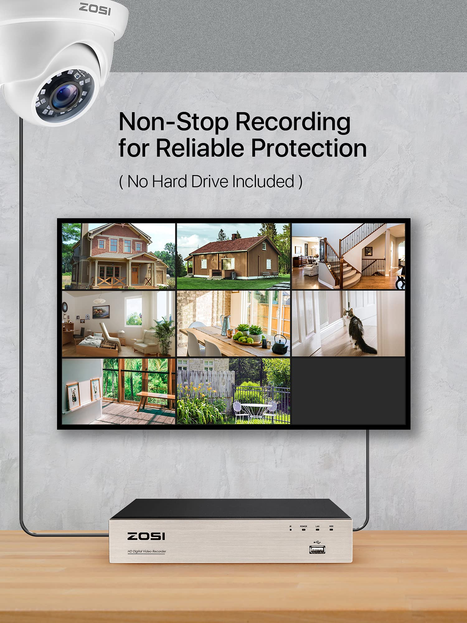 ZOSI 1080P Kit de Cámaras de Seguridad 8CH H.265+ Grabador DVR con (8) Cámara de Vigilancia Exterior, sin Disco Duro, 20m Visión Nocturna, Alarma de Movimiento, P2P