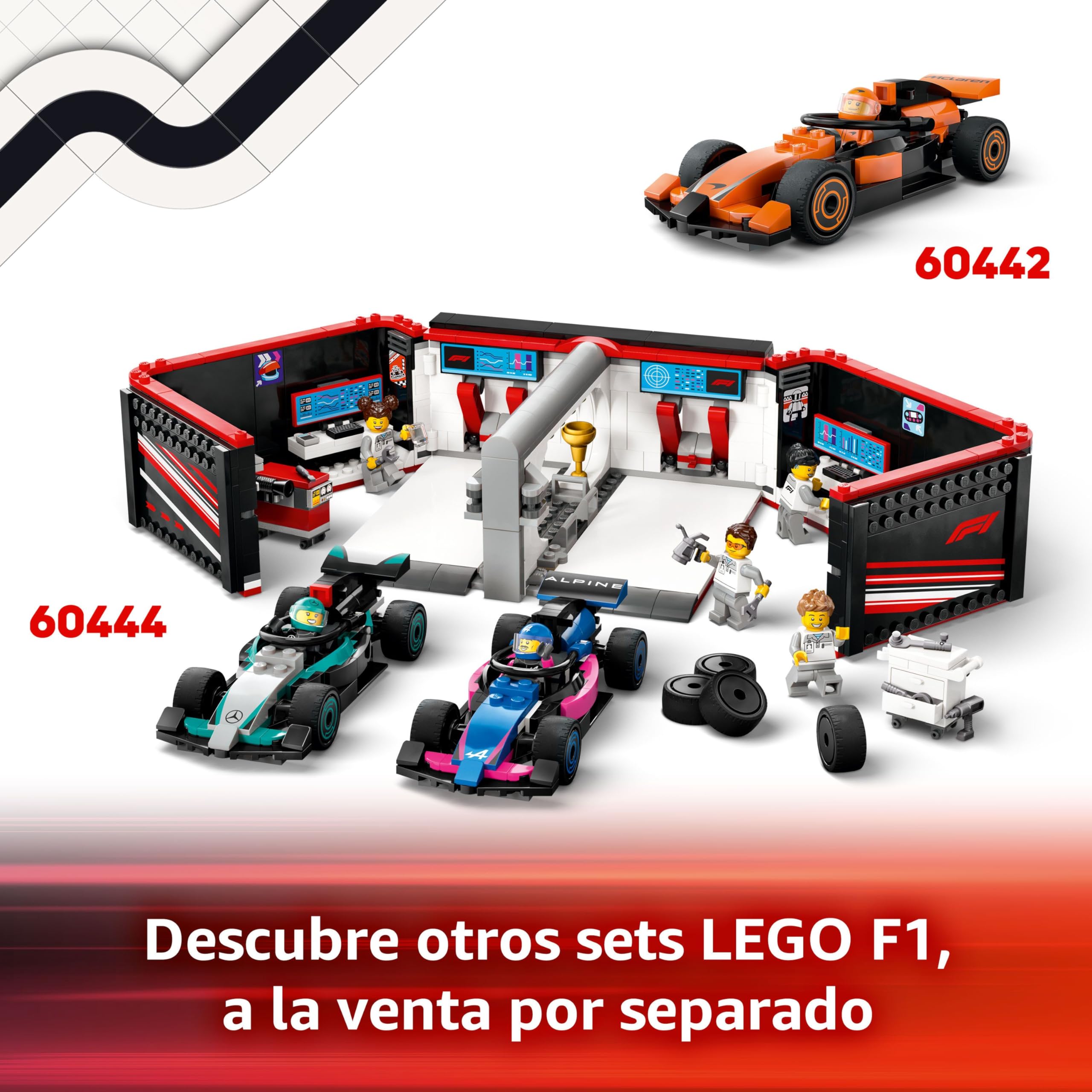 LEGO City Parada en Boxes de F1 y Equipo de Mecánicos con Coche Ferrari de Juguete para Niños y Niñas de 6+ Años, Maqueta de Carreras de Fórmula 1 con Pit Stop y Minifigura de Piloto 60443