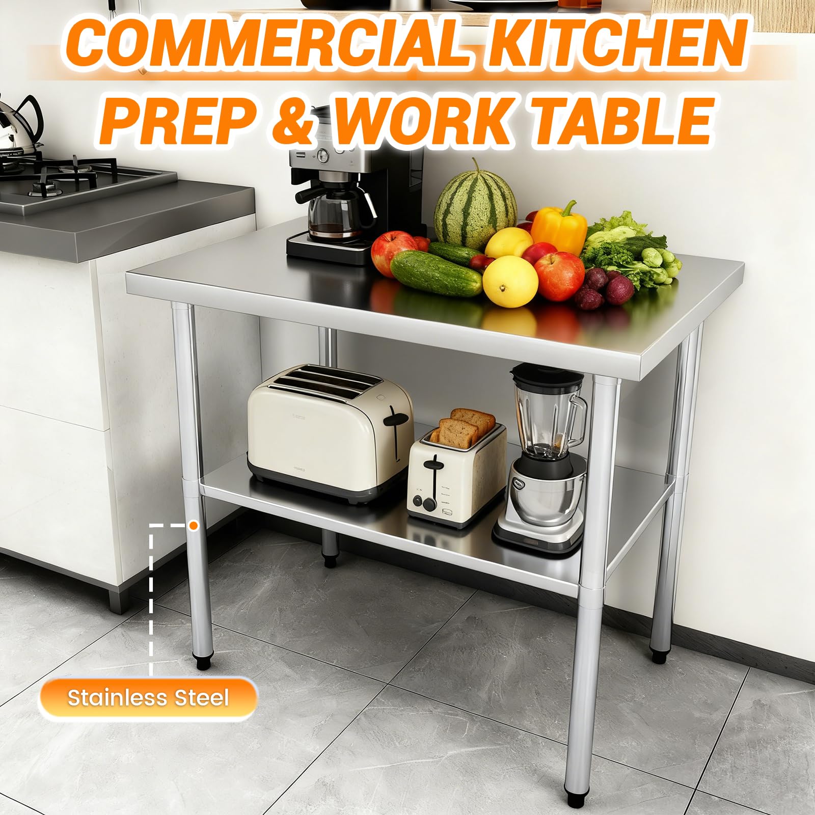 TAIMIKO Mesa de trabajo de acero inoxidable, mesa de preparación de alimentos comercial resistente con estante inferior ajustable, carga hasta 300 kg, trabajo comercial, playa, restaurante, cocina