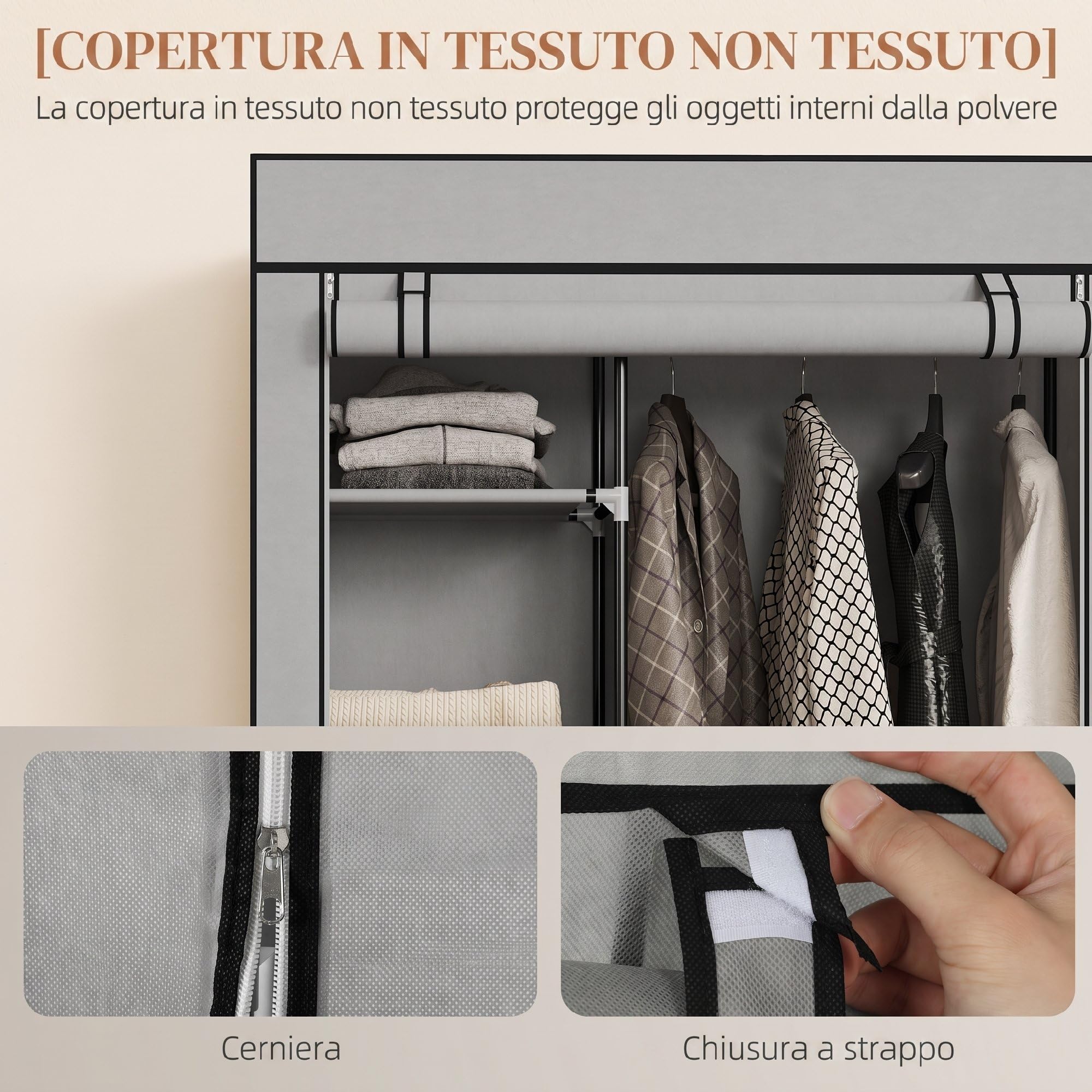 HOMCOM Armadio Portatile con 6 Ripiani Aperti 103x43x162.5 cm Grigio Chiaro | Tessuto non Tessuto, Acciaio e PP, Armadio Guardaroba Salvaspazio, 1 Appendino, Porta a Cerniera