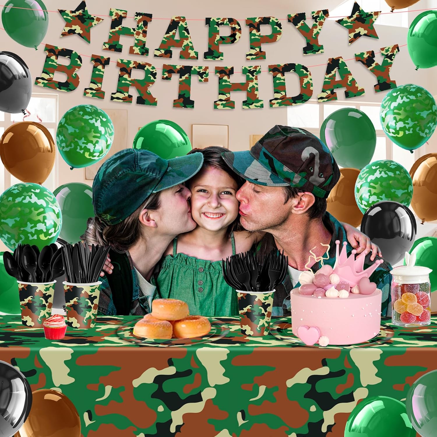 206pcs Camo Party Decorations Paper Plates Napkins Camouflage Tableware Set Disposable Cups Forks Knives Spoons with Camo Tablecloth Banner for Boy Camouflage Hunting Military Birthday Party Supplies