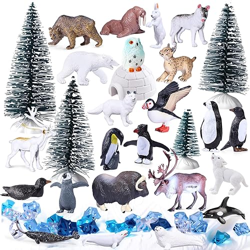 SIENON El juego de 60 juguetes de animales árticos incluye 23 mini animales polares con oso polar, pingüino, caribú, frailecillo, lince, 1 iglú, 4