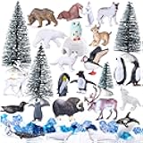 SIENON 60Pcs Arctic Animal Toy Set, Mini Winter Animal Figures with Polar Bear, Penguin, Caribou, Puffin, Lynx, Igloo, Pine Trees, Fake Ice Rocks for School Project Christmas Birthday Cake Decorations