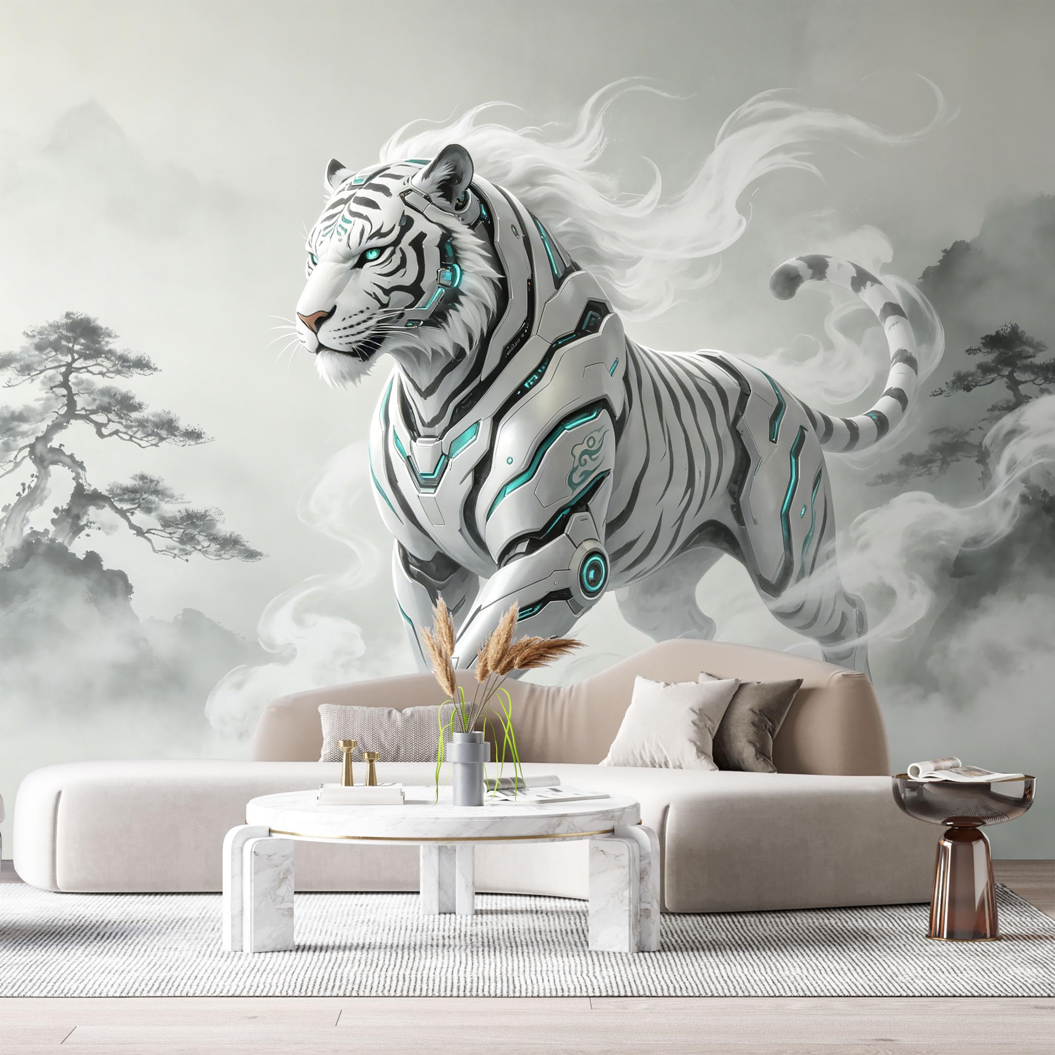 Custom Size Wall Mural Cybernetic White Tiger Mech Futuristic Animal Armor Science Fiction Style SelfAdhesive Art Prints Removable Large Wallpaper Esports Room Game Room Tenant Room Studio