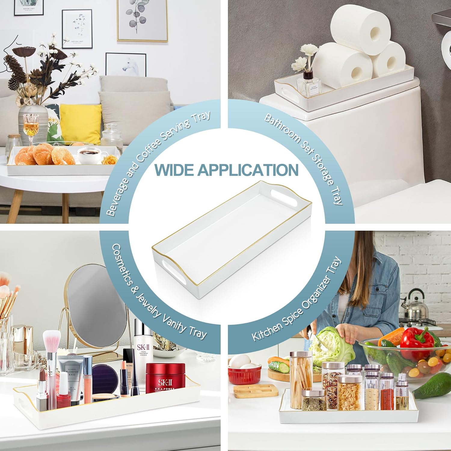 Gifturbo White Bathroom Vanity Tray,Gold Edged Decorative Tray with Handles, Small Rectangular Counter Tray for Perfume, Candle, Jewelry, Cosmetics - Image 6