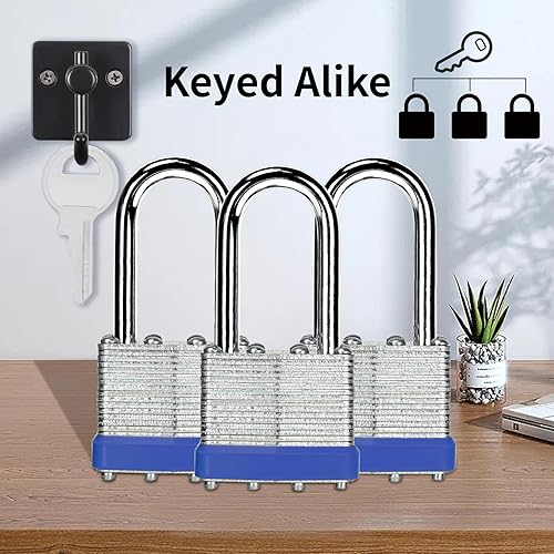 Miniatura 4 de LQYN Candado laminado con llave (1-916 pulgadas, 1.575 in), cerraduras iguales con llave, aro azul, grillete largo, paquete de 2, cerradura para