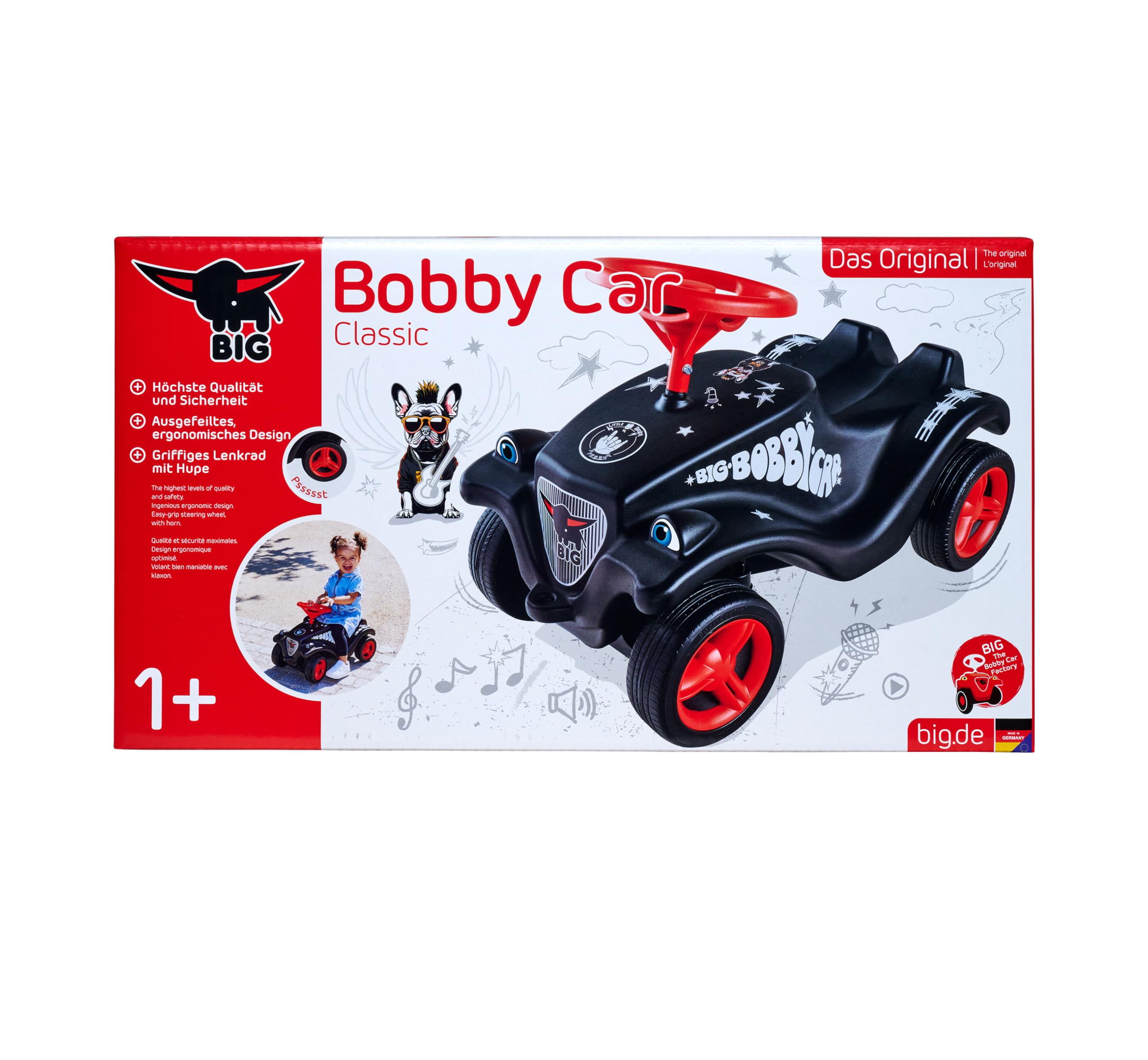 Big Bobby Car Classic Little Rocker - Rutschauto im dunklen Rock n‘ Roll-Design mit Breiten, extra leisen Fulda Rädern, mechanischer Hupe, bis 50 kg, für Kinder ab 12 Monaten