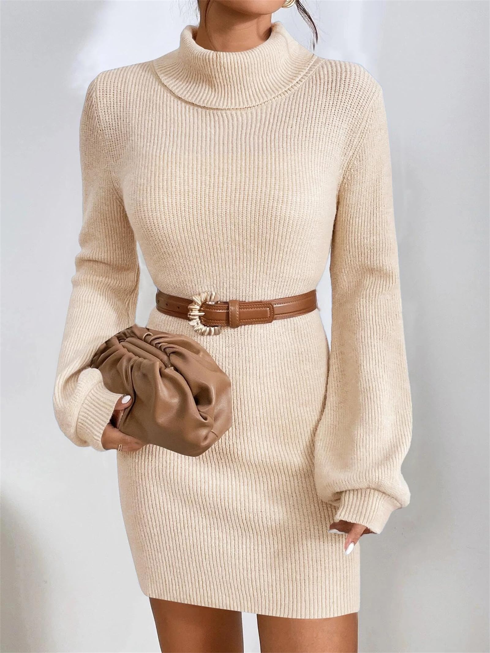 Sweter z golfem sukienka dla kobiet z długim rękawem mini dzianinowa sukienka bodycon uroczy sweter pulower prążkowane rozciągliwe sukienki na jesień