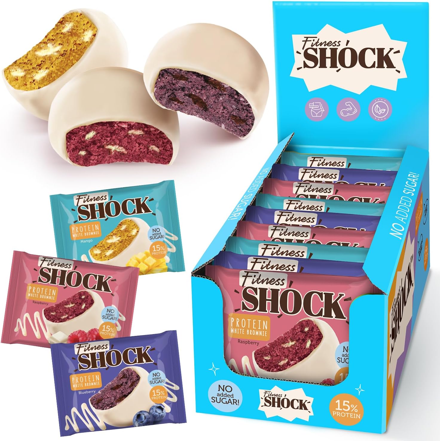 FitnesSHOCK Protein Brownie Dark Chocolate, No Added Sugar, 15%/7,5g Protein, 233kcal, Pre/Post Workout Snack - No Palm Oil, Filling dietary fibre, Soft Texture, 10x50g - Mango-Raspberry-Blueberry