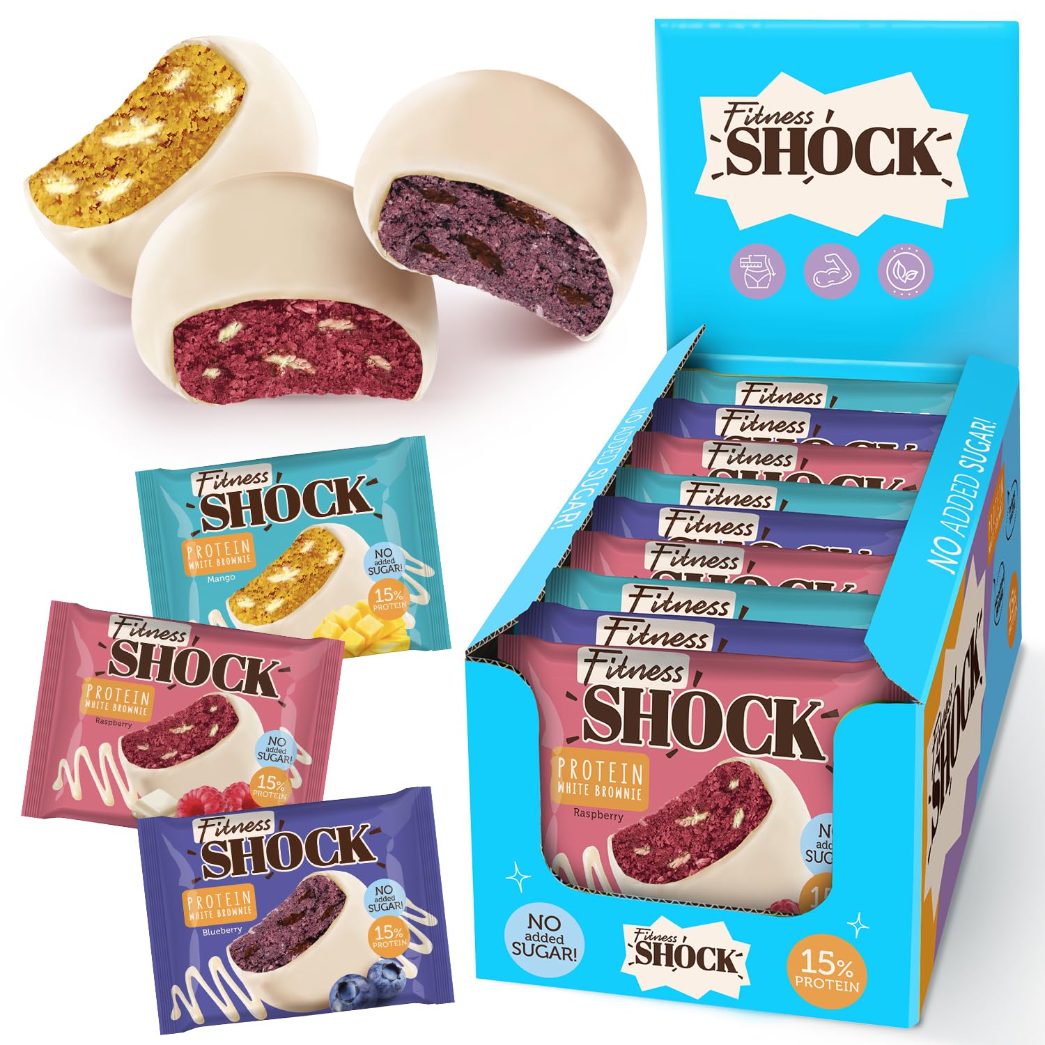 FitnesSHOCK Protein Brownie Dark Chocolate, No Added Sugar, 15%/7,5g Protein, 233kcal, Pre/Post Workout Snack - No Palm Oil, Filling dietary fibre, Soft Texture, 10x50g - Mango-Raspberry-Blueberry