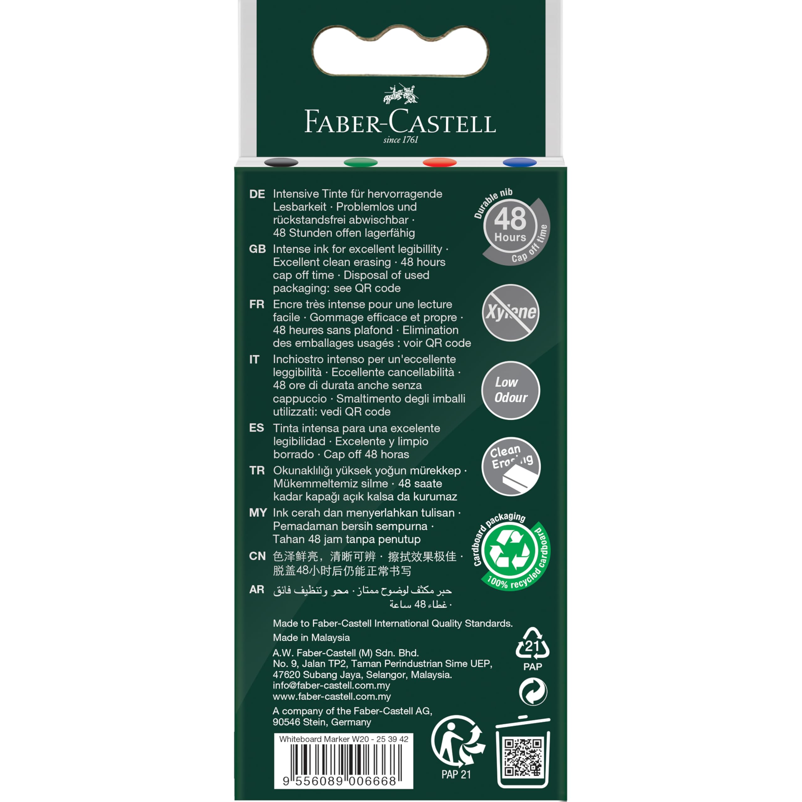 Faber-Castell 253942 – zestaw markerów do tablic suchościeralnych, 4 markery suchościeralne, okrągła końcówka 2,25 mm, do wielokrotnego napełniania