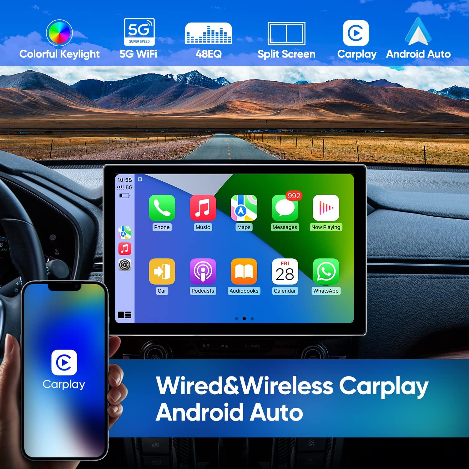 AINAVI car stereo display showing a vibrant flower image, highlighting 2K Full HD 1920x1200 resolution.