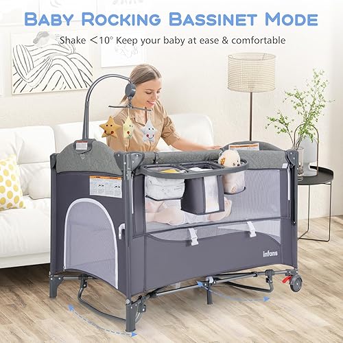 Miniatura 7 de INFANS Pack and Play, 5 en 1 Cuna Junto a la Cama del Bebé con Moisés, Cambiador de Pañales, Colchón, Bolsa de Transporte, Juguetes Colgantes con