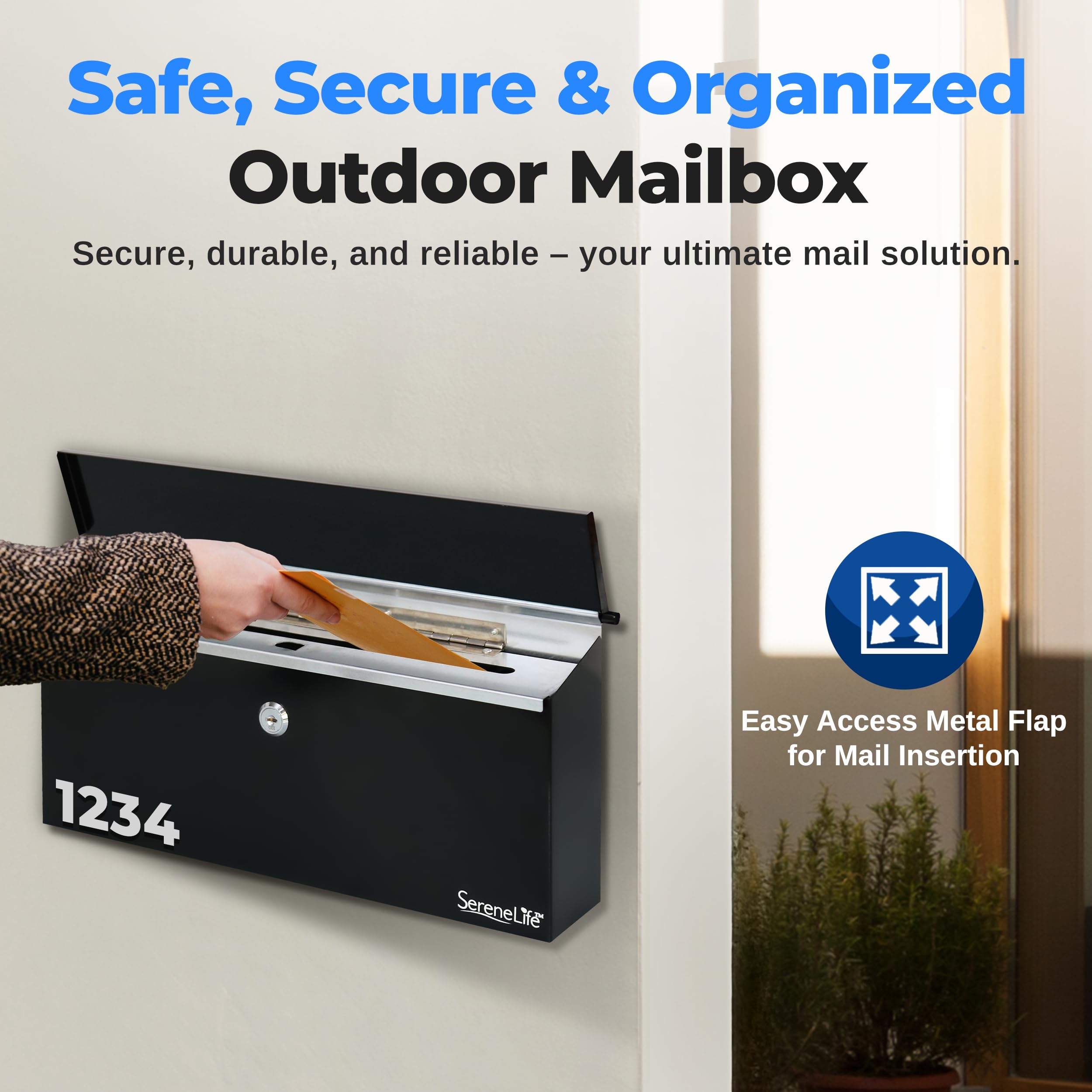 SereneLife Outdoor Wall Mailbox & Newspaper Holder, Black - Image 4