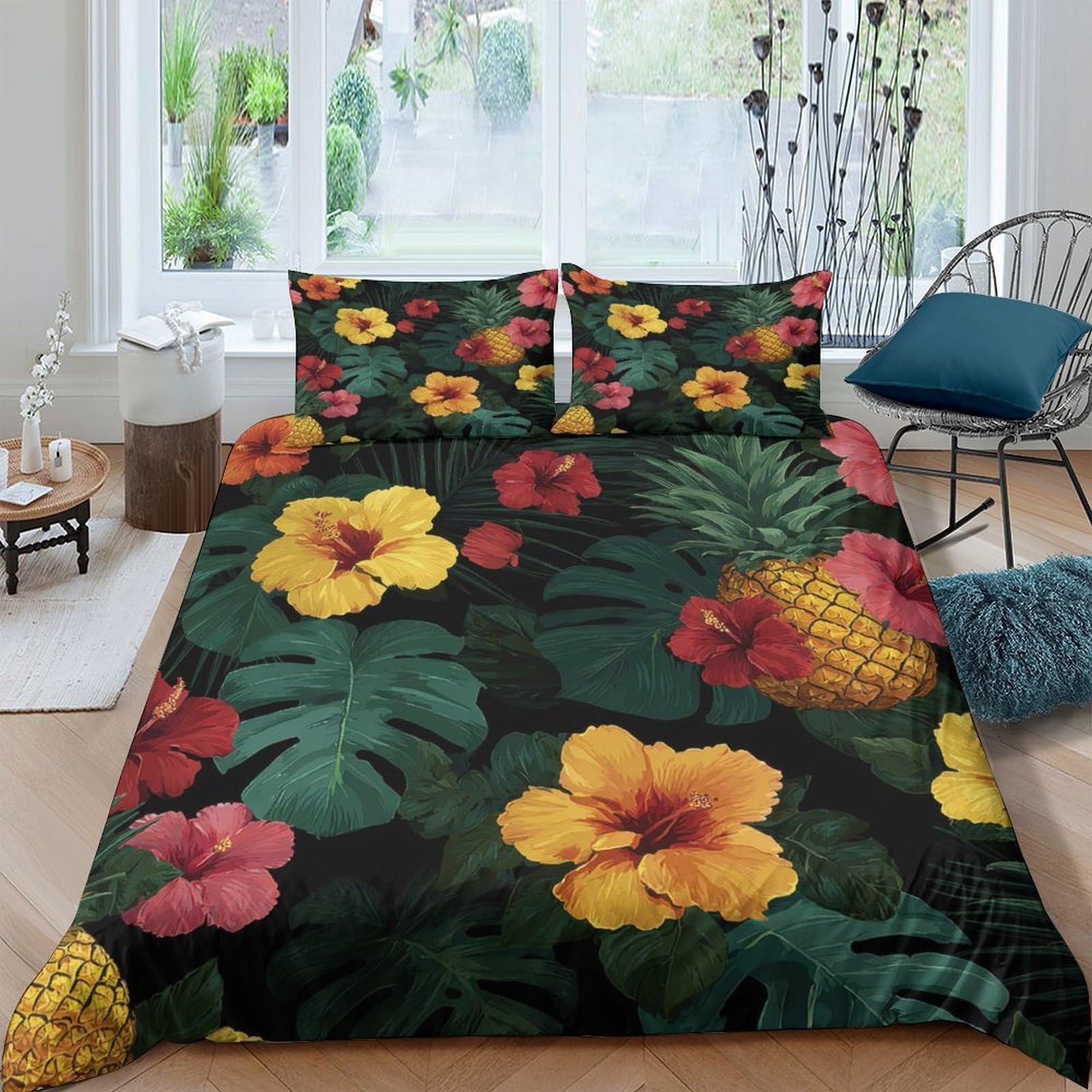 GPLZQXKJNH 3D Printed Tropical Hibiscus Duvet Cover Microfiber Soft Breathable Pineapple Bedding Set with 2 Pillowcases for Bedroom Decor Single（135x200cm）