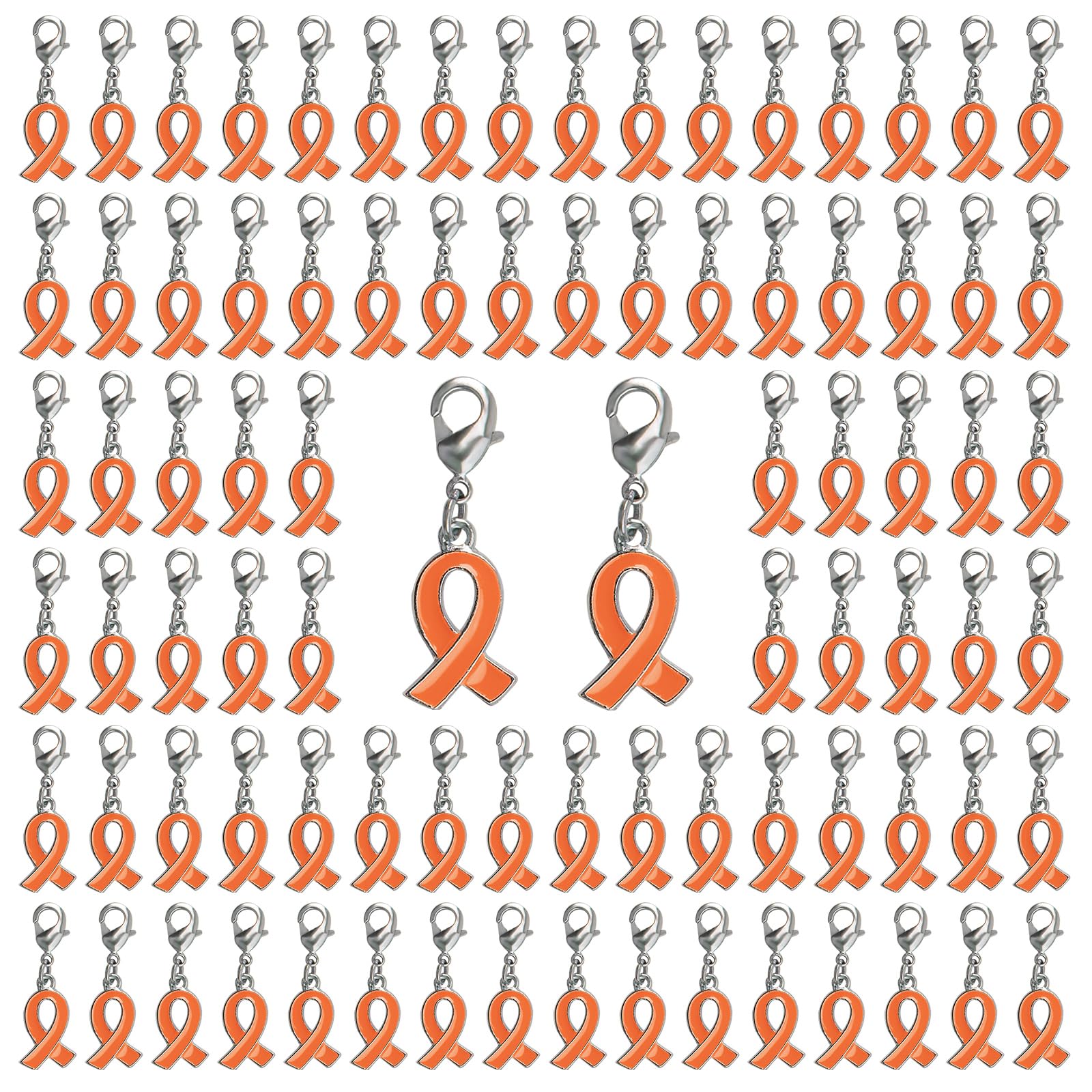 CRAFFANCY 100 Pcs Orange Ribbon Pendant with Clasps,Leukemia Kidney Cancer Awareness Alloy Ribbon Charms for Jewelry Making