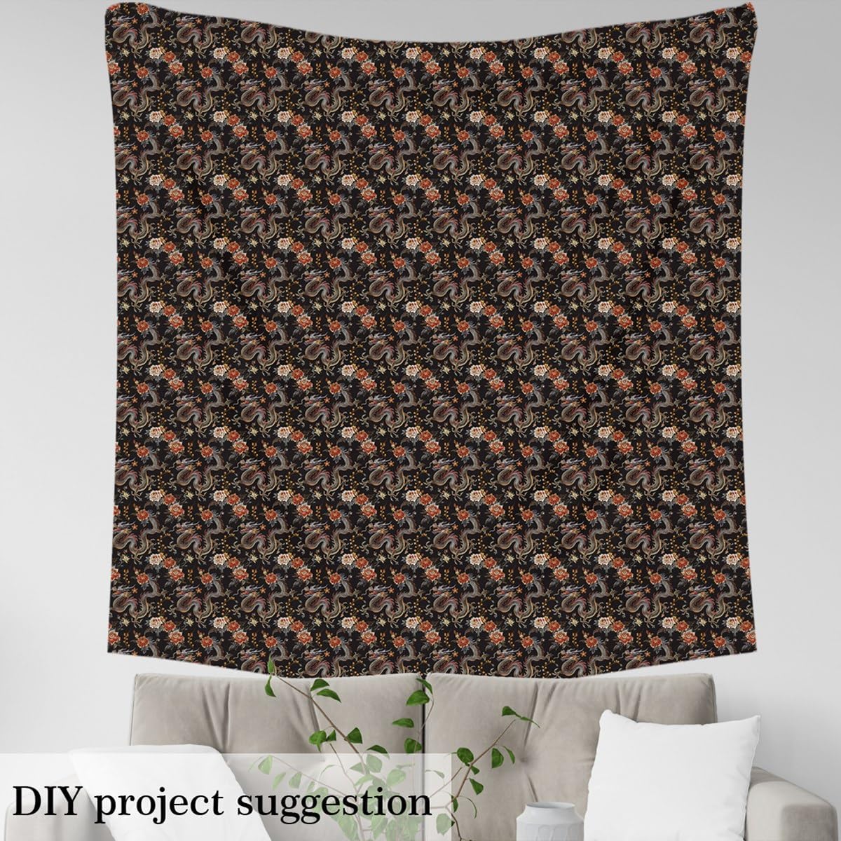 Feelyou Dragon Fabric by The Yard, Oriental Chinese Style Dragon Upholstery Fabric for Chairs, Embroidery Design Floral Jungle Animal Decorative Waterproof Outdoor Fabric, 2 Yards, Brown Black